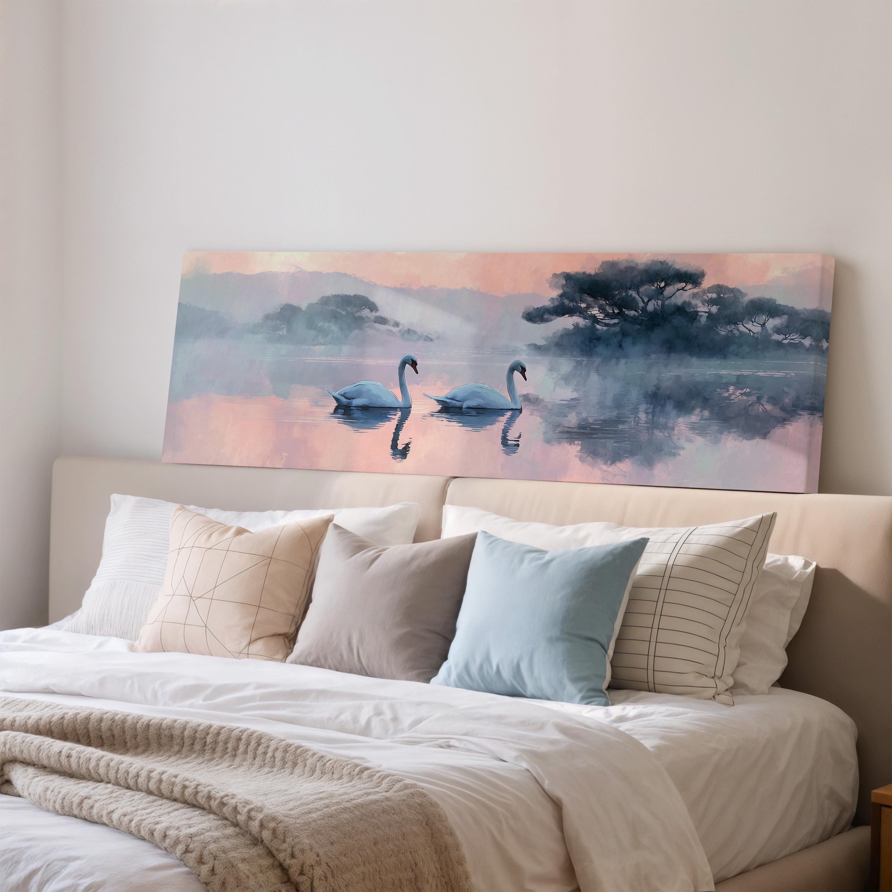 a large painting of two swans floating on a misty lake, with a serene and peaceful atmosphere.
