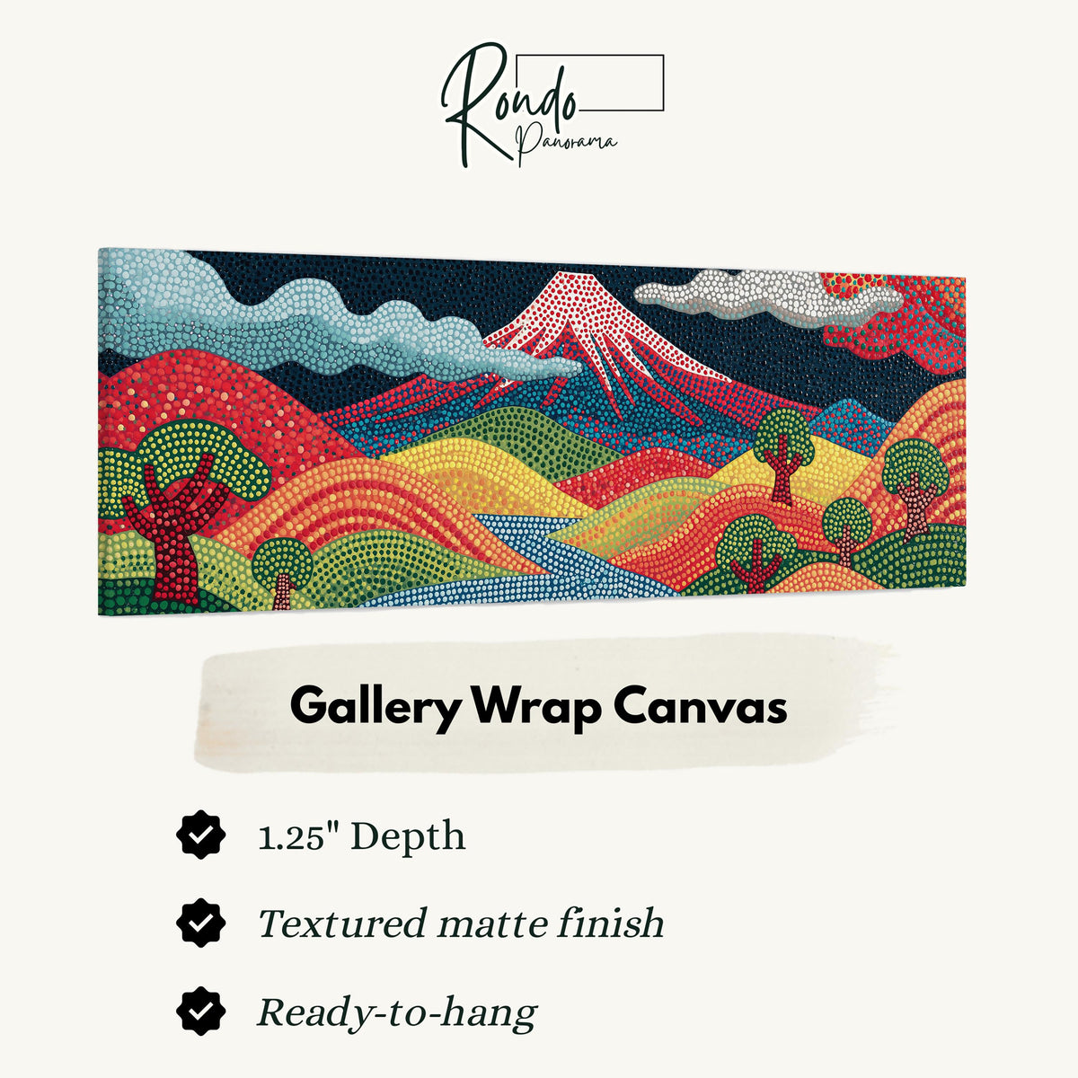 Mount Fuji above rainbow dotted hills gallery wrap canvas with the image wrapped around the edges