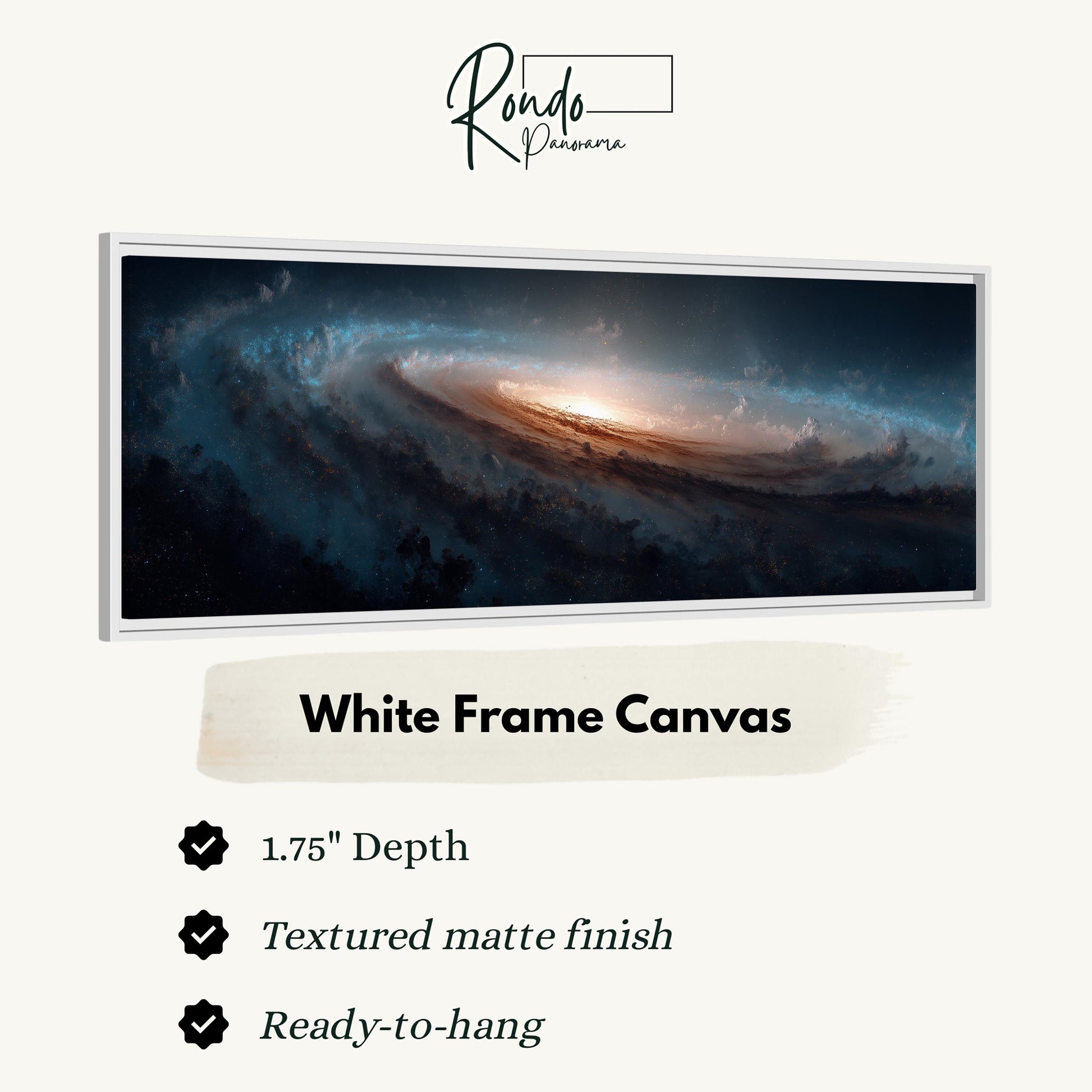 The image is a white frame canvas depicting a spiral galaxy with a bright center and swirling clouds.