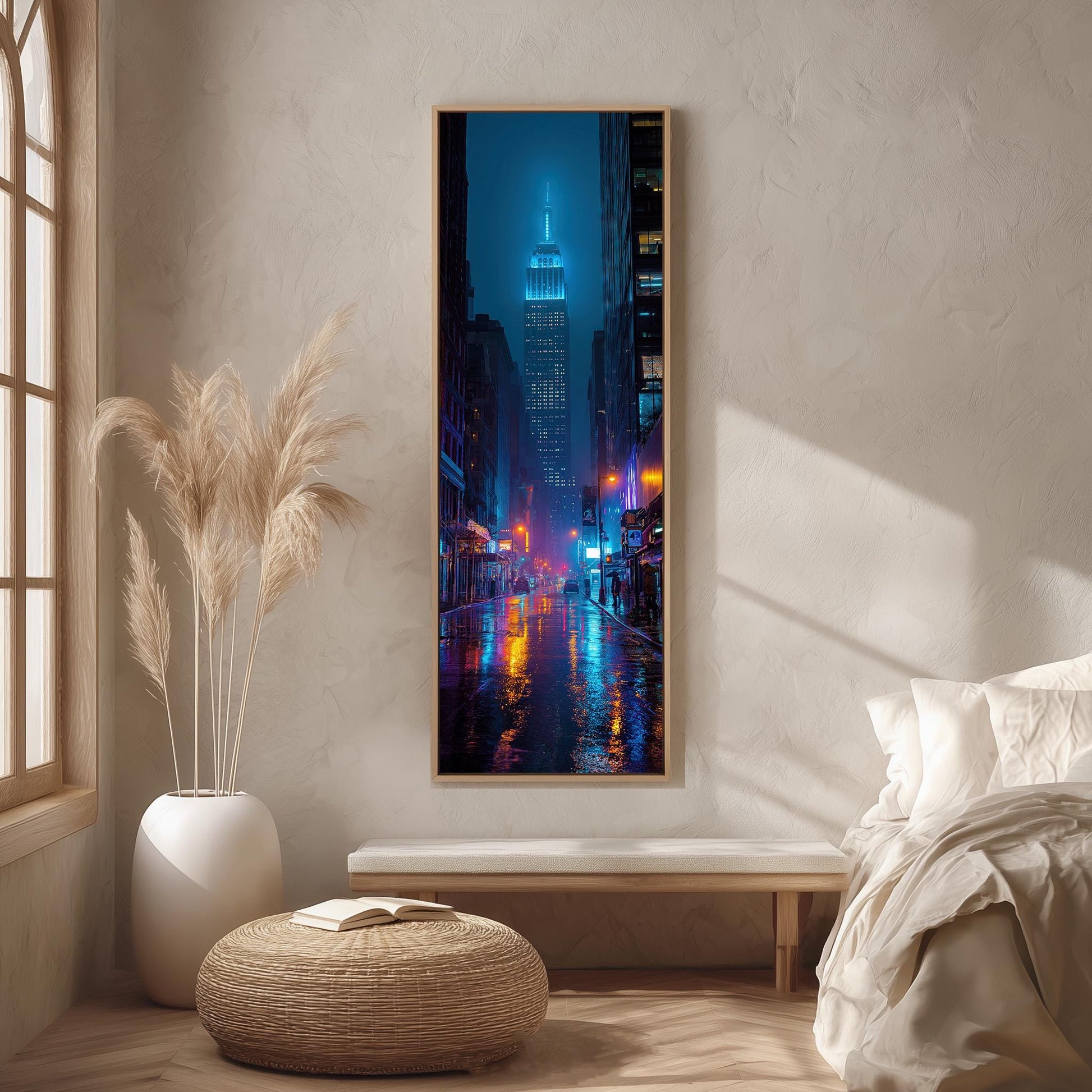 a large, colorful painting of a city street at night, with the illuminated skyscrapers and reflections on the wet pavement creating a vibrant and dynamic scene.