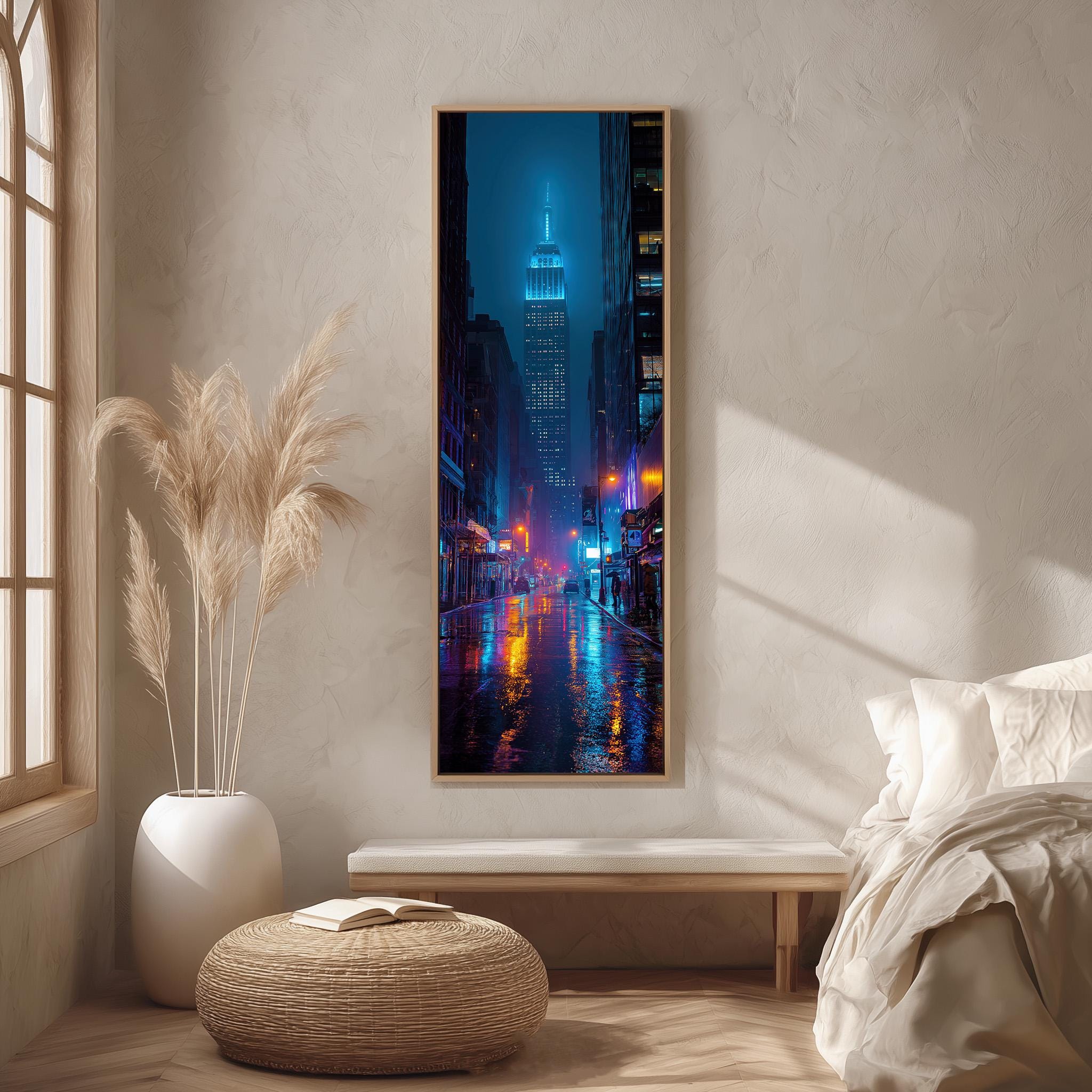 a large, colorful painting of a city street at night, with the illuminated skyscrapers and reflections on the wet pavement creating a vibrant and dynamic scene.