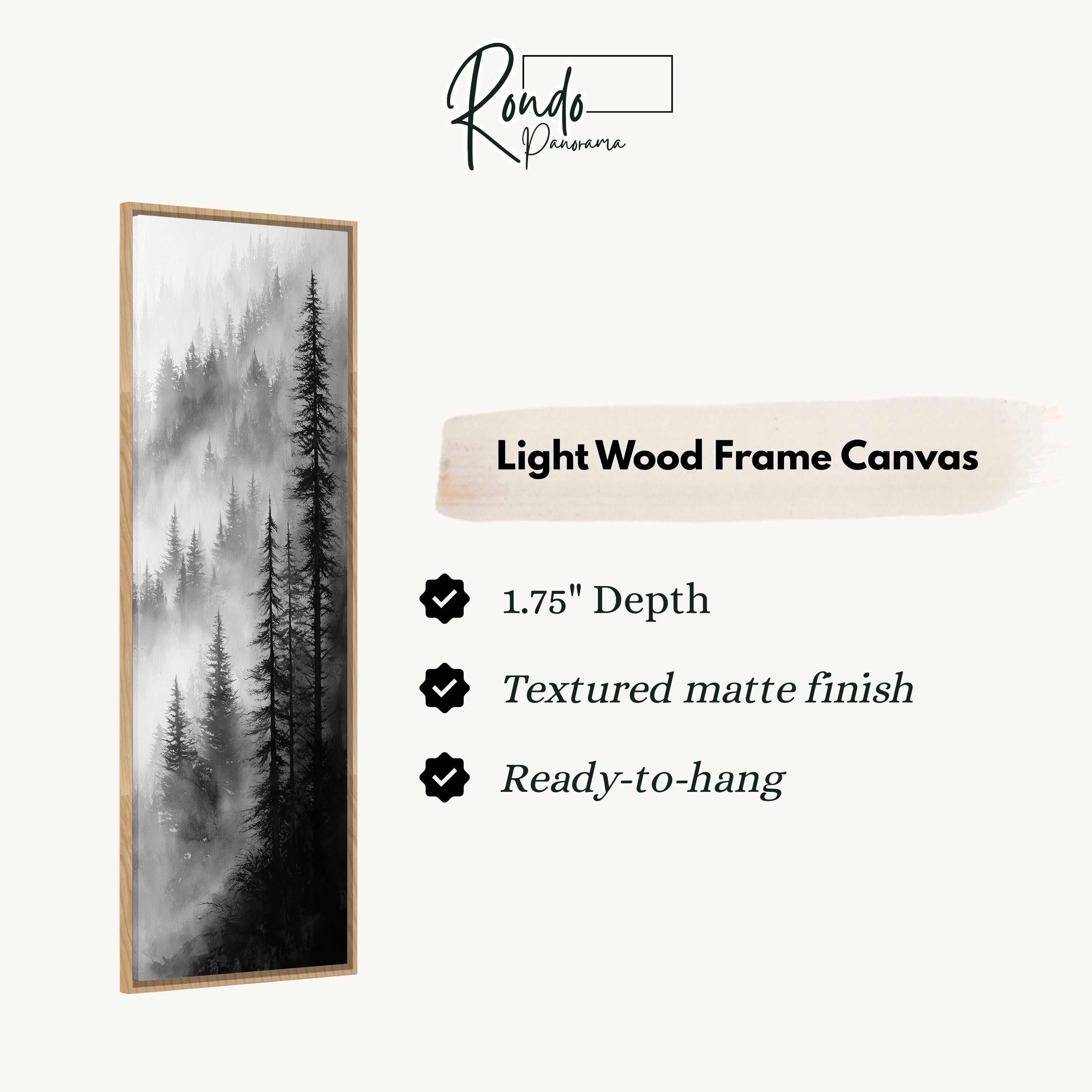The image is a light wood frame canvas depicting a forest scene with tall trees and a misty background.