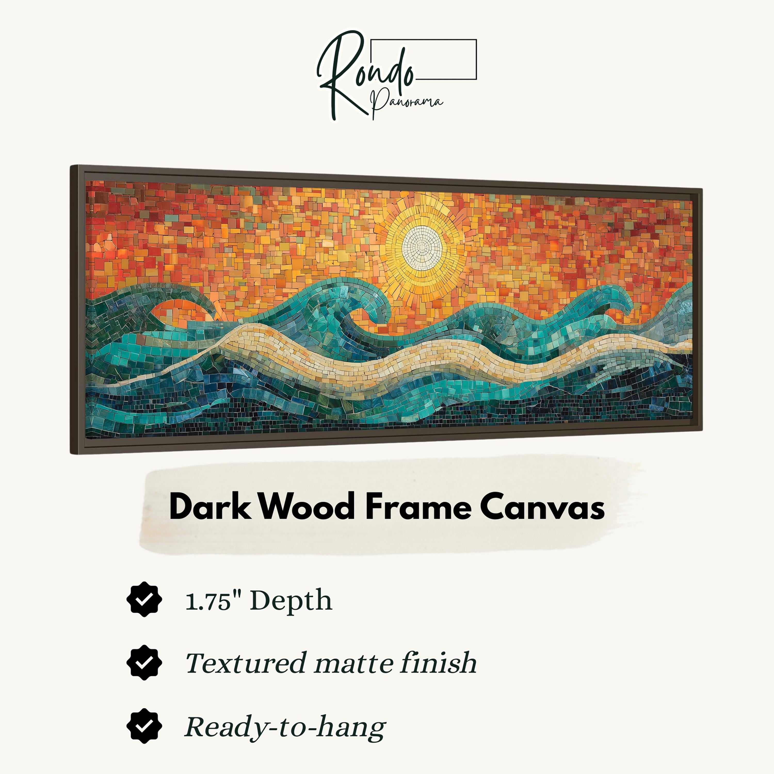 The image is a framed artwork depicting a vibrant mosaic design of a sunset over a body of water, with a dark wood frame.