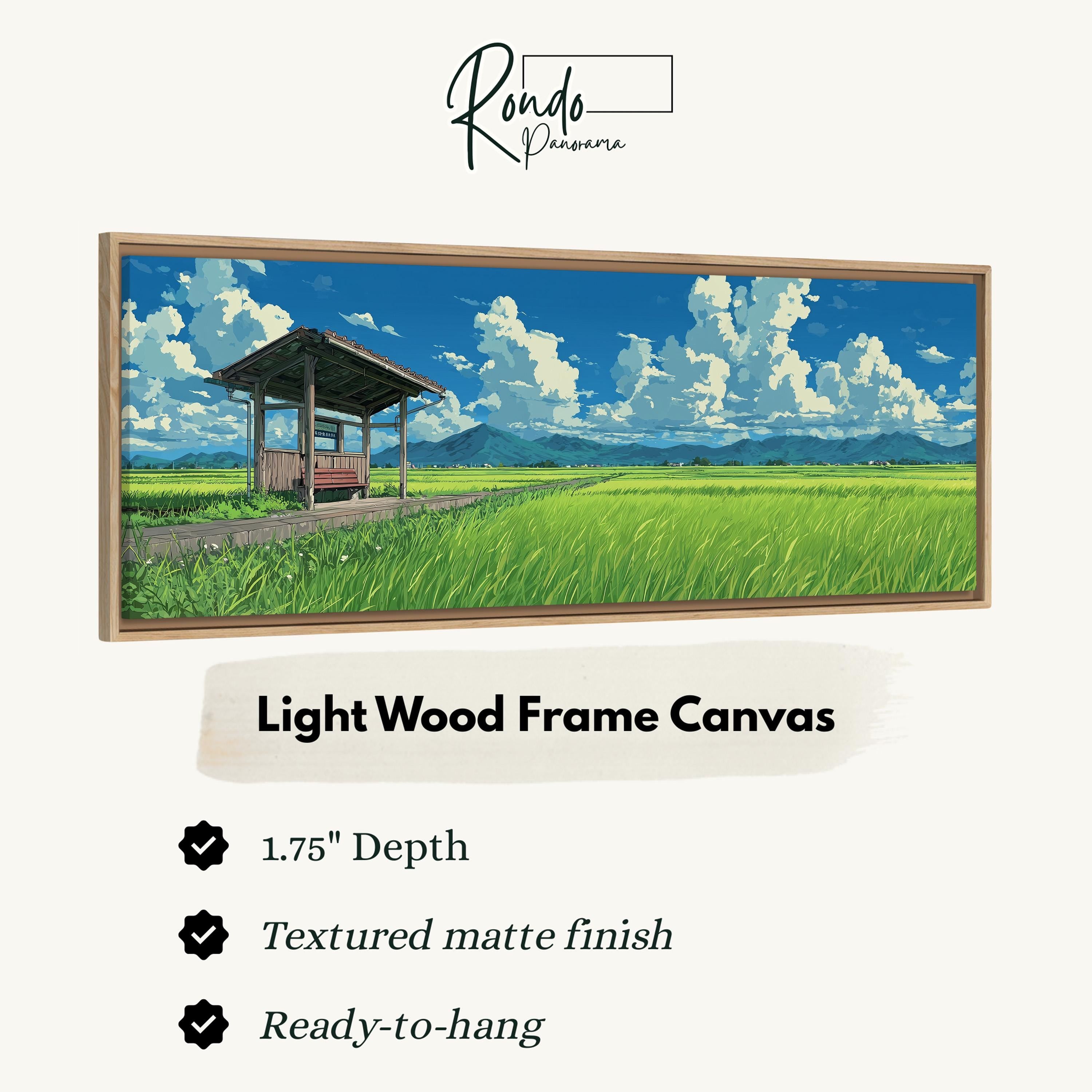 The image is a framed canvas depicting a rural landscape with a wooden structure, grassy field, and mountains in the background.