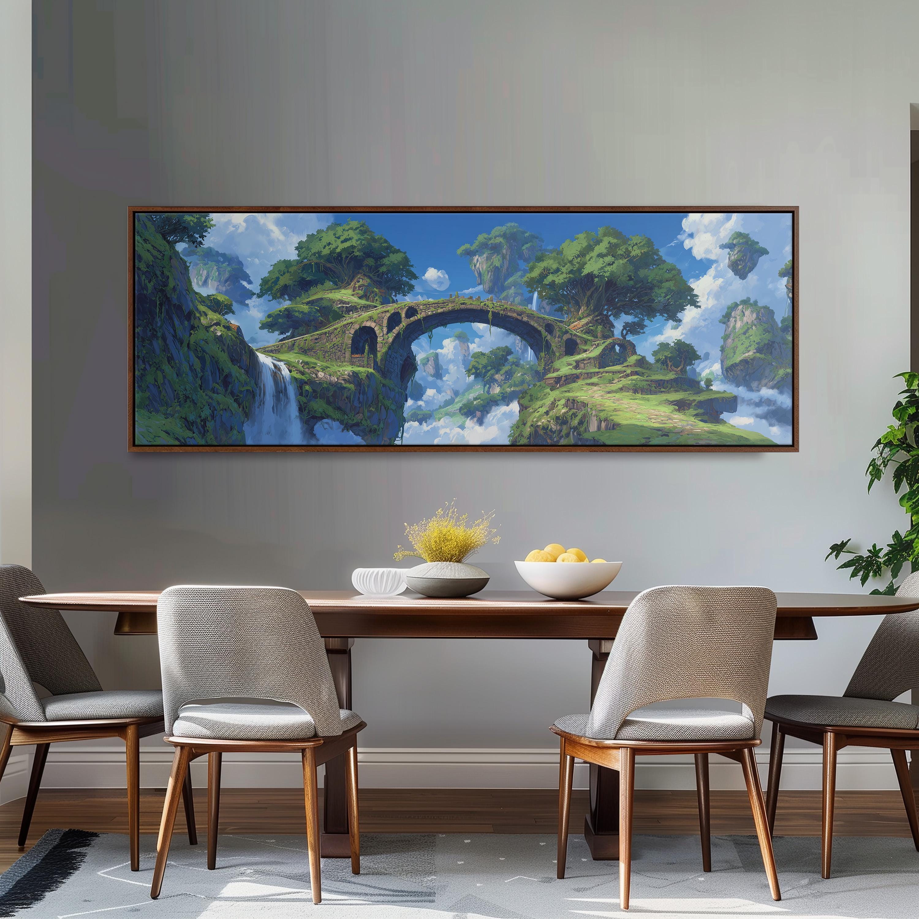 a large painting of a bridge over a waterfall, with a lush, green landscape and a blue sky in the background. The painting is hung on a wall above a wooden dining table with four chairs around it. The table is set with a bowl of fruit and a vase of flowers, creating a cozy and inviting atmosphere.