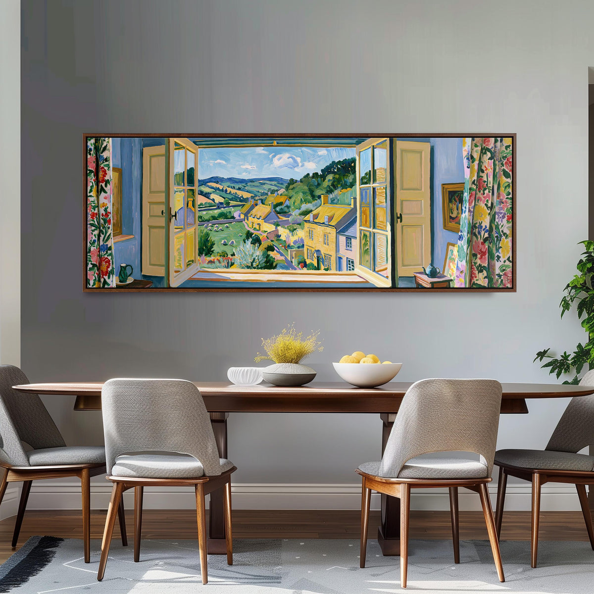 English countryside village through a window long horizontal canvas print above a dining table