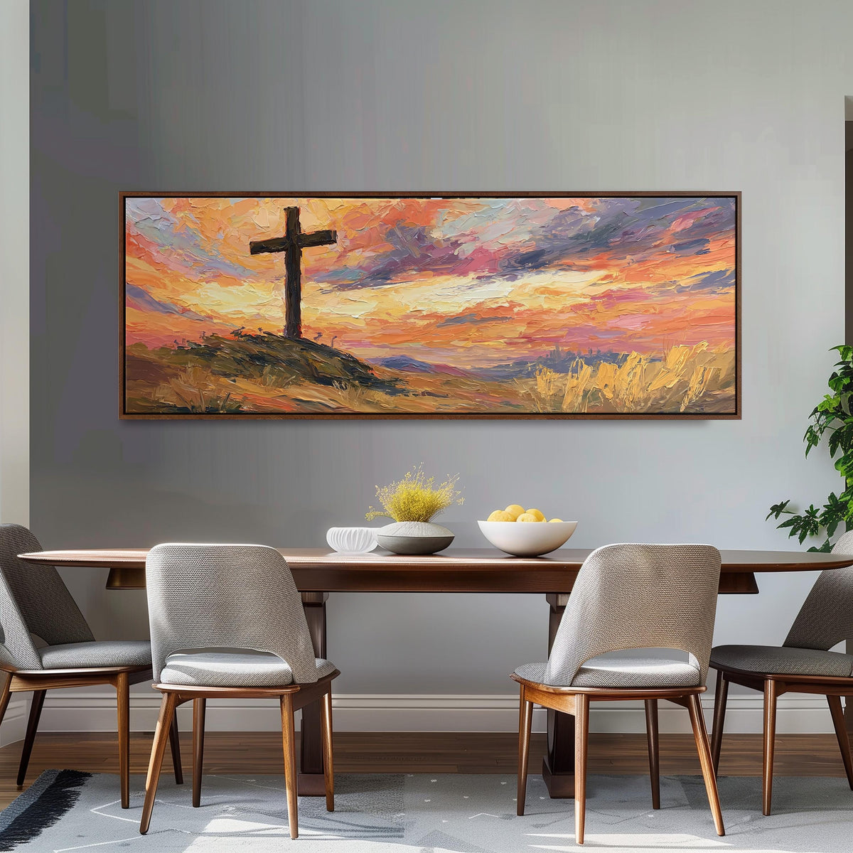 Cross on a hill at sunset long horizontal canvas print above a dining table