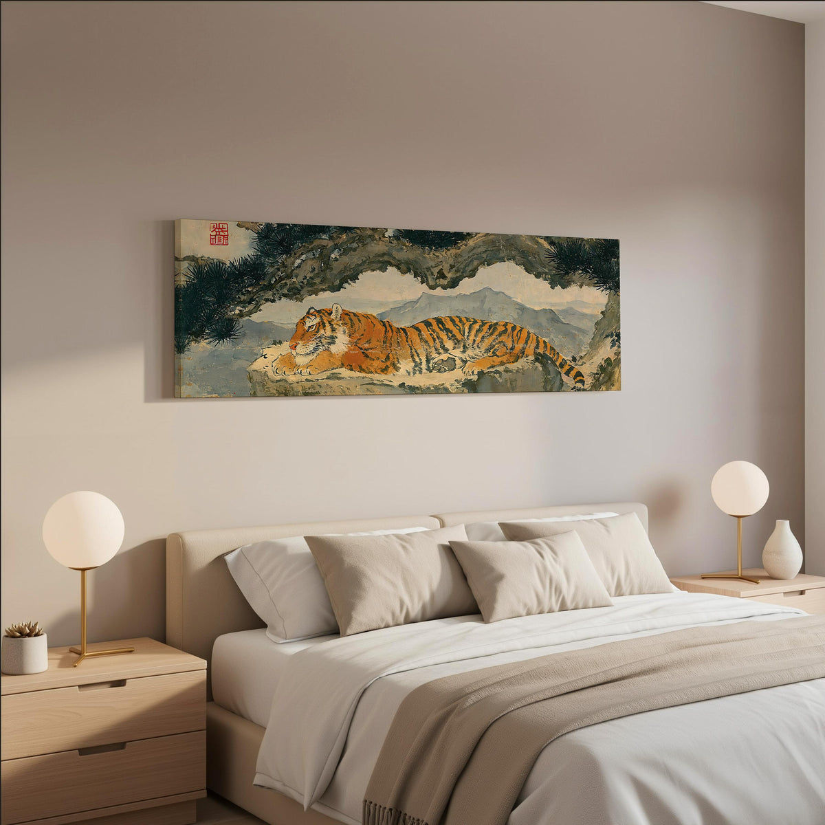 Tiger resting beneath misty pines wide panoramic canvas print above a bed in a neutral bedroom