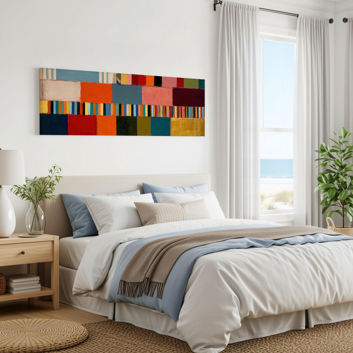 Rainbow patchwork color bands panoramic canvas print above a bed in a coastal bedroom