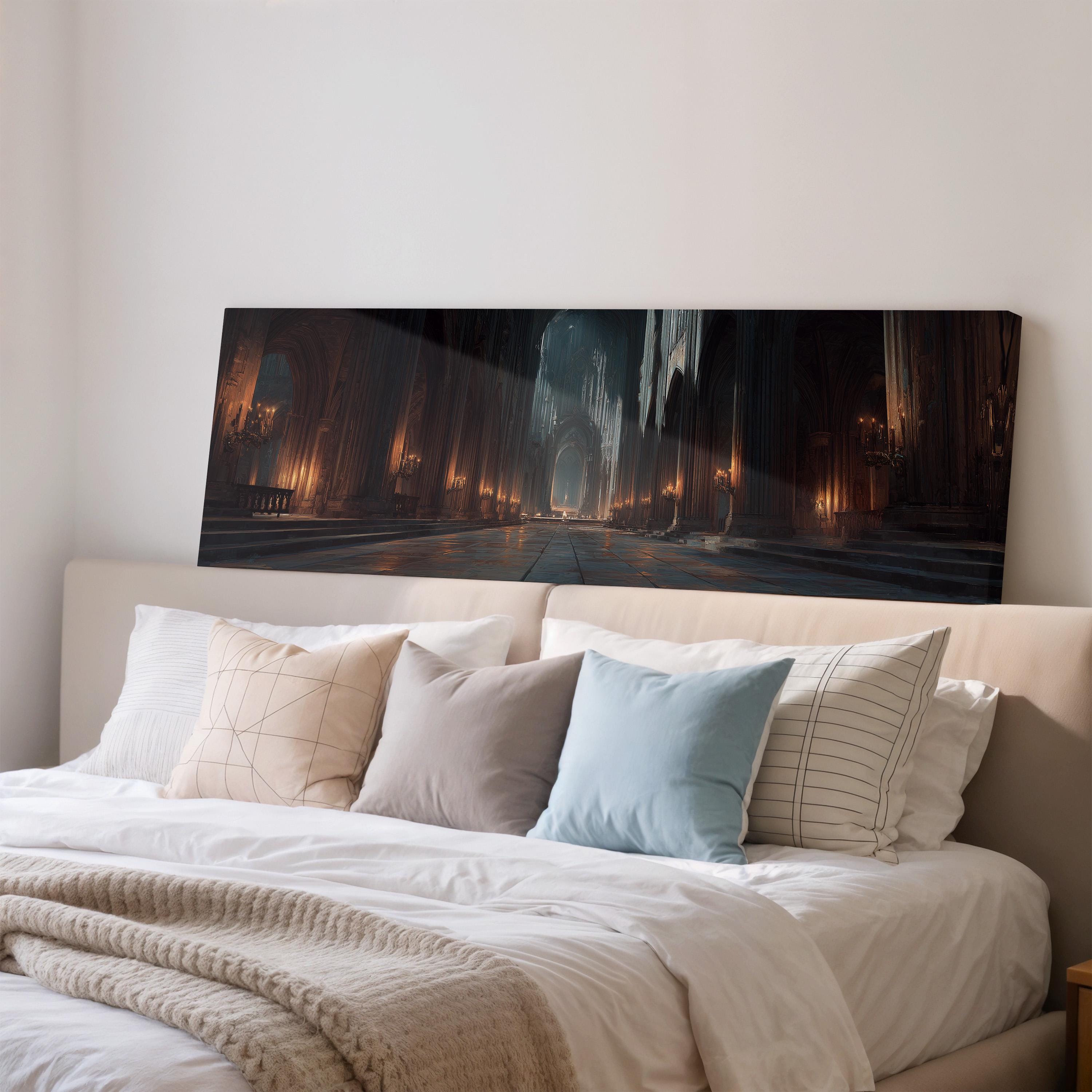 a large, dark-themed painting of a cathedral or castle-like structure, displayed on a wall above a bed with white bedding and pillows.