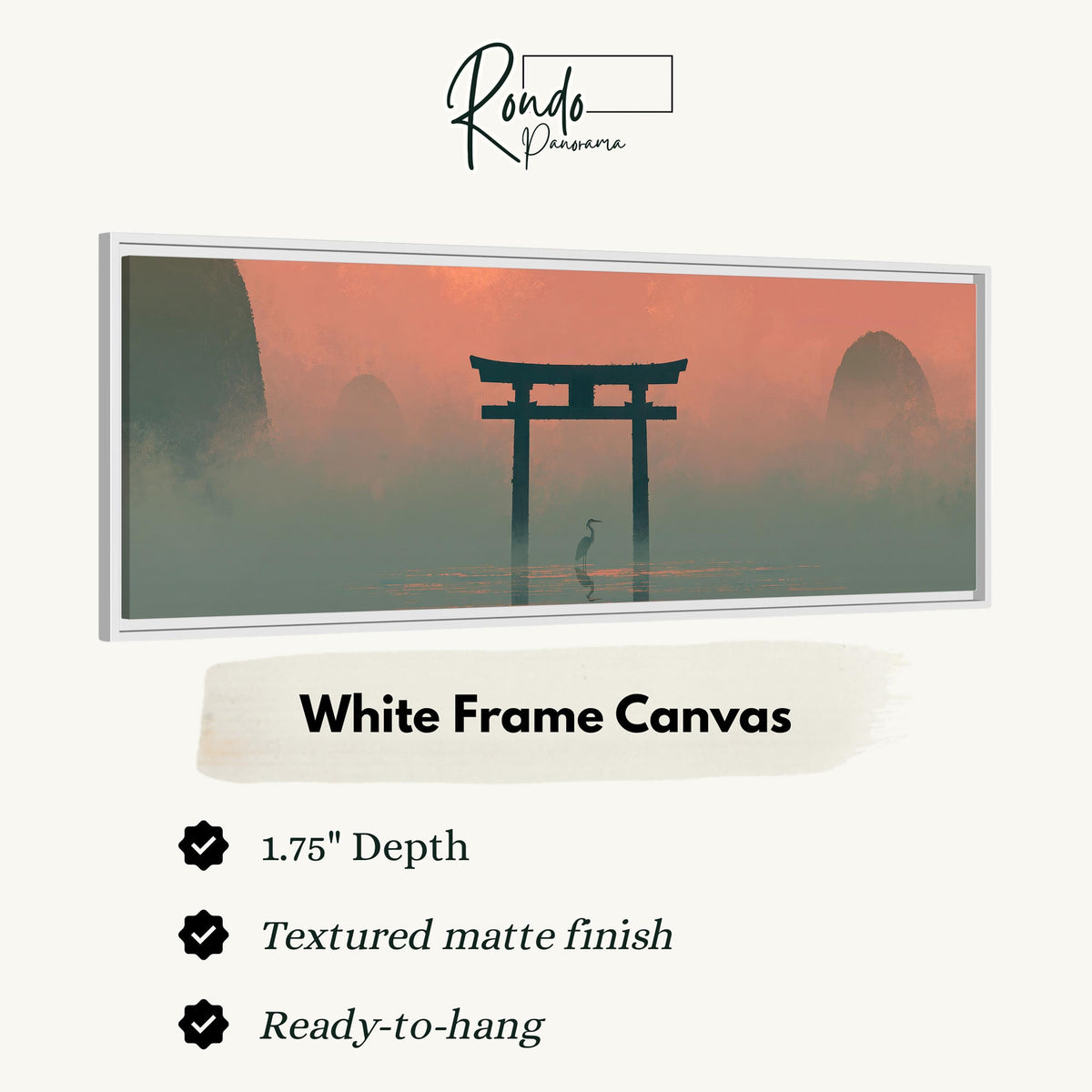 Torii gate and heron in pink mist canvas print in a white floating frame