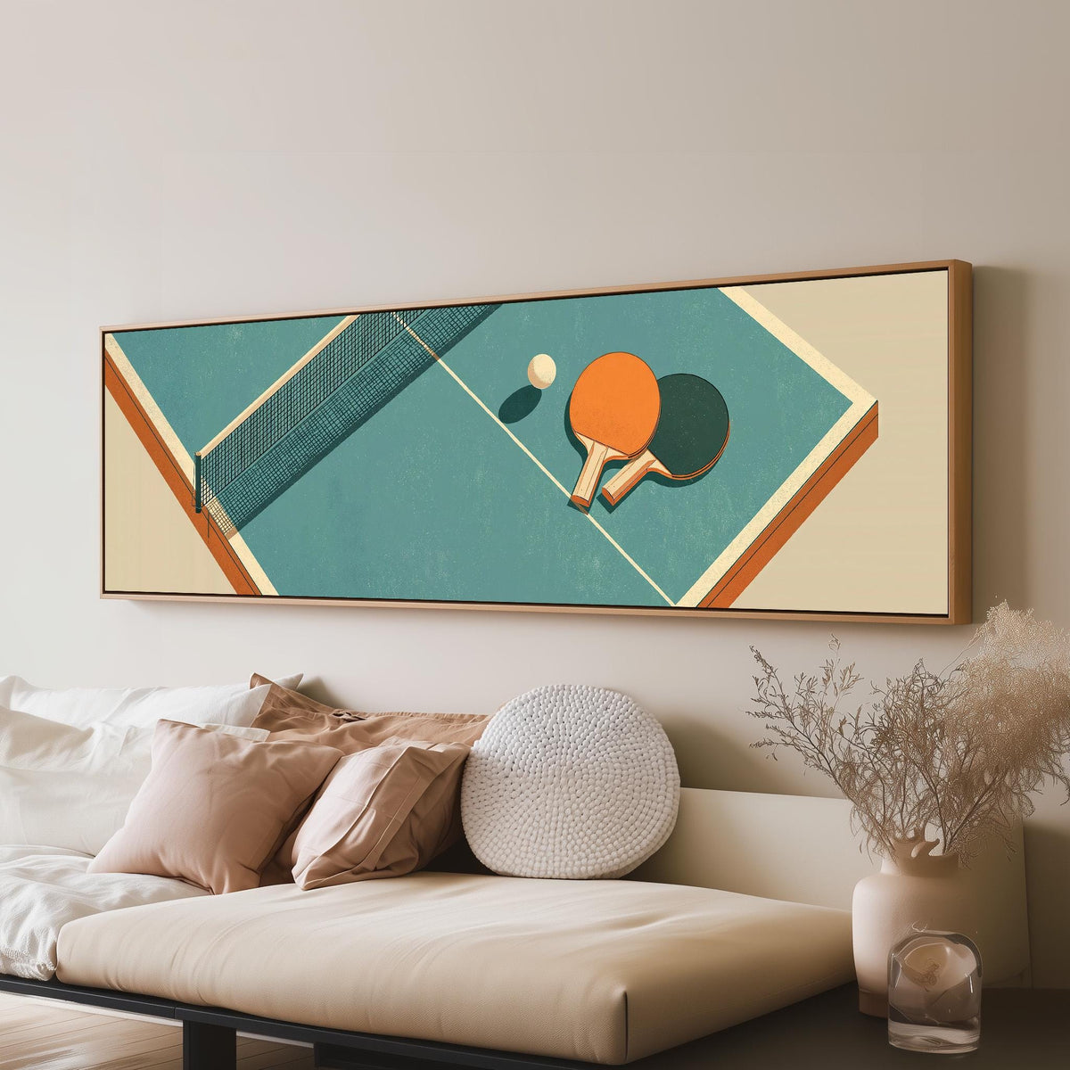 Retro ping pong table panoramic canvas print above a sofa in a living room