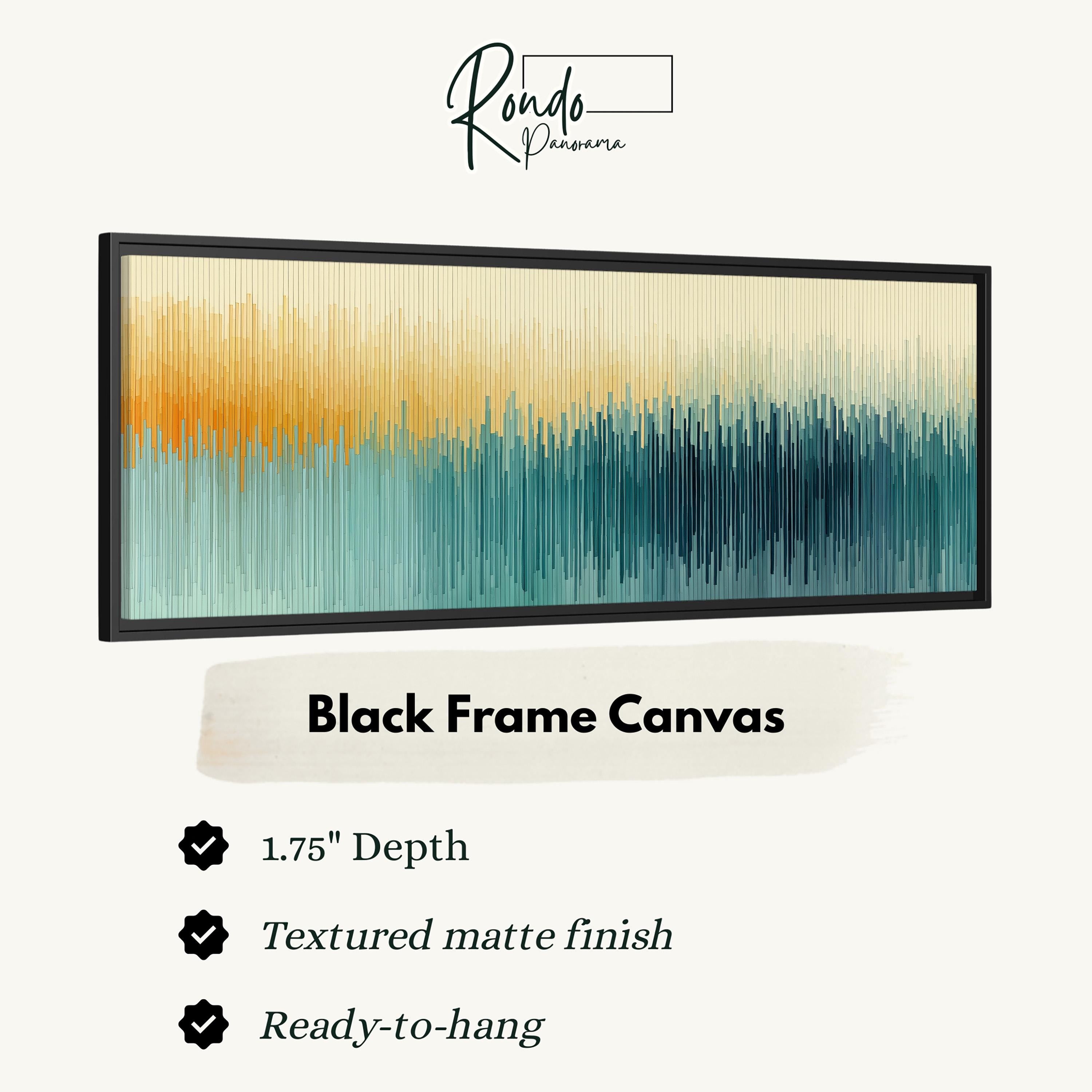 The image is a black frame canvas with a gradient design featuring a color gradient from yellow to blue. The canvas has a 1.75" depth and is textured with a matte finish. It is ready to hang.