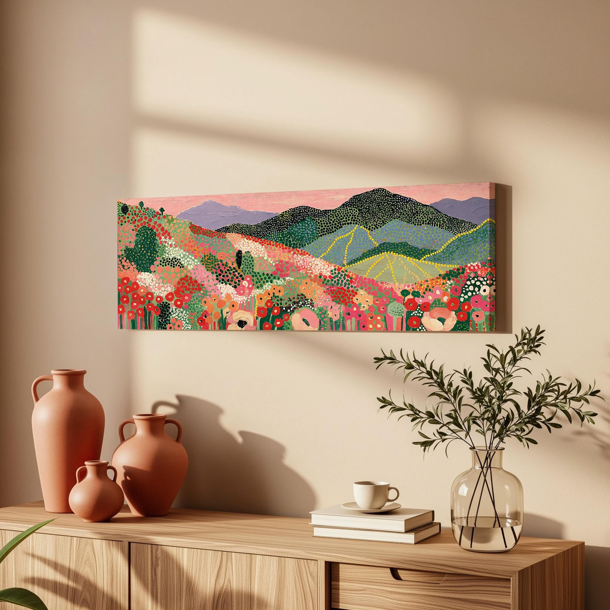 Dotted poppy mountains under a pink sky long horizontal canvas print above a wooden sideboard