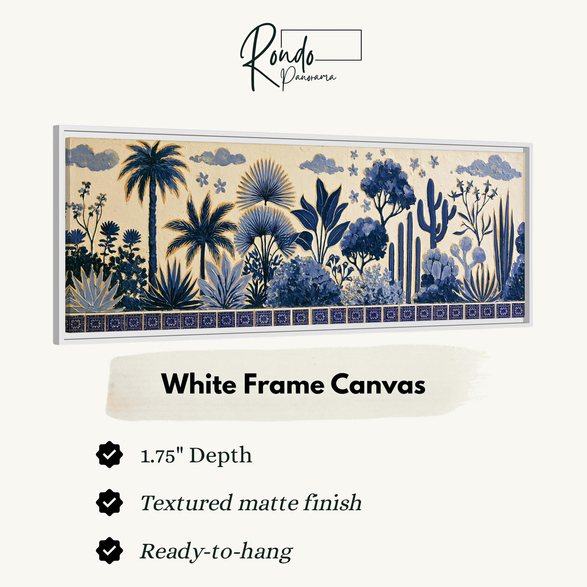 Blue palms, cacti and flowers pattern canvas print in a white floating frame