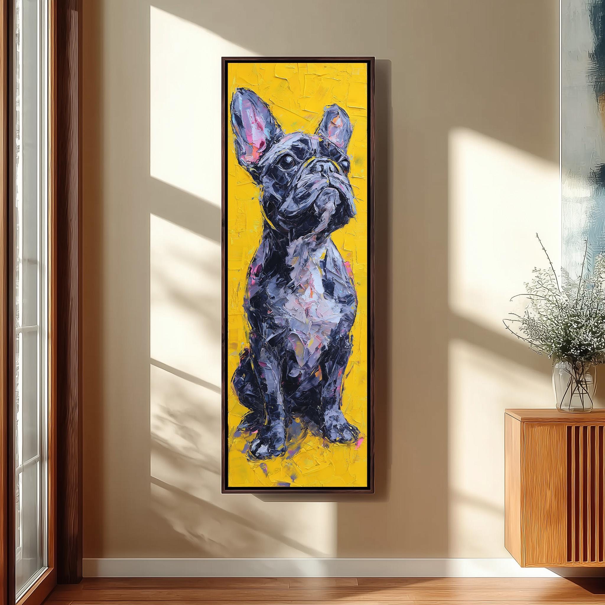 a large, colorful painting of a dog, specifically a French Bulldog, hanging on a wall.