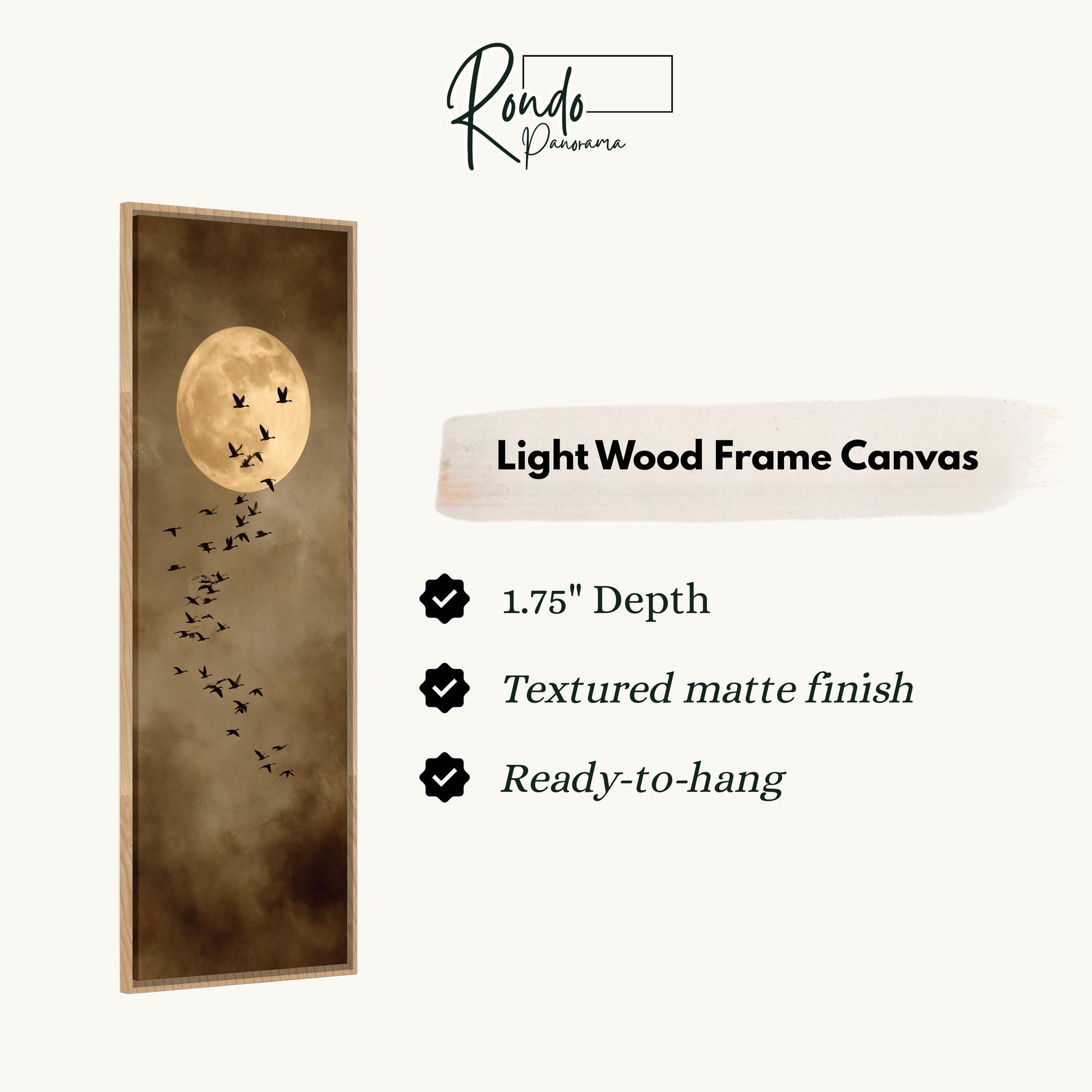 The image is a light wood frame canvas featuring a large full moon and a flock of birds flying in the night sky.