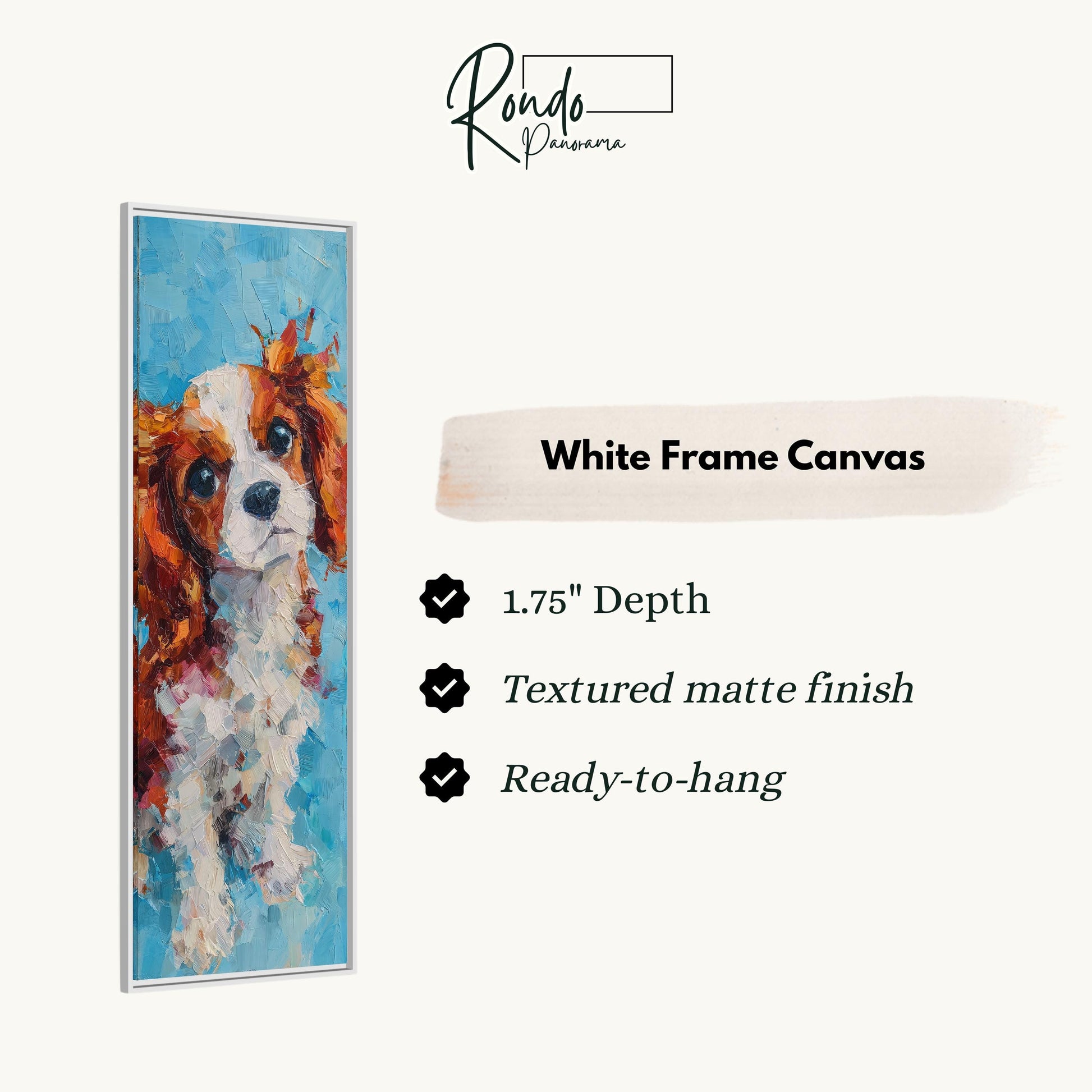 The image is a white frame canvas featuring a painting of a Cavalier King Charles Spaniel dog.