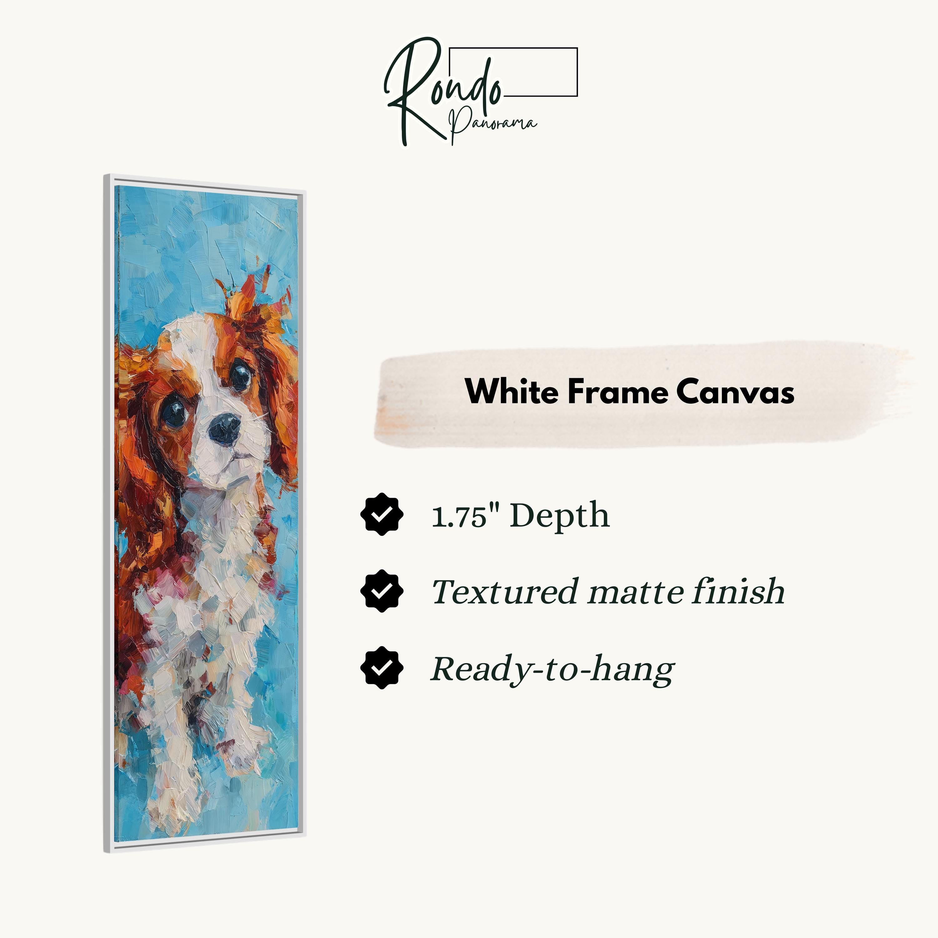 The image is a white frame canvas featuring a painting of a Cavalier King Charles Spaniel dog.