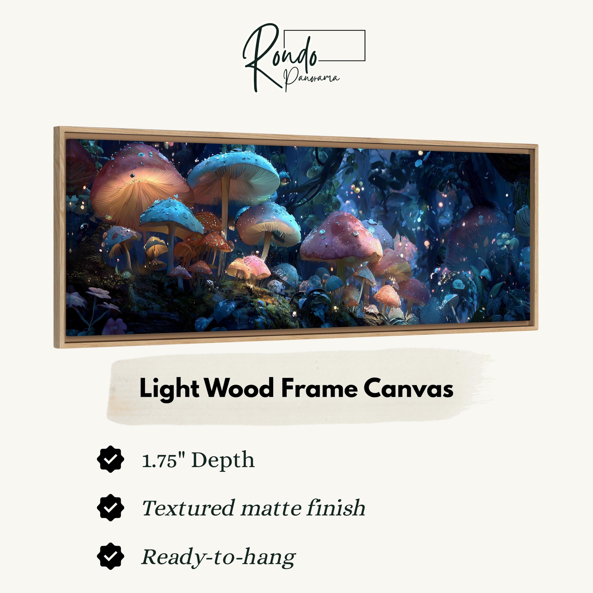 The image is a framed canvas depicting a whimsical scene of mushrooms in a forest.
