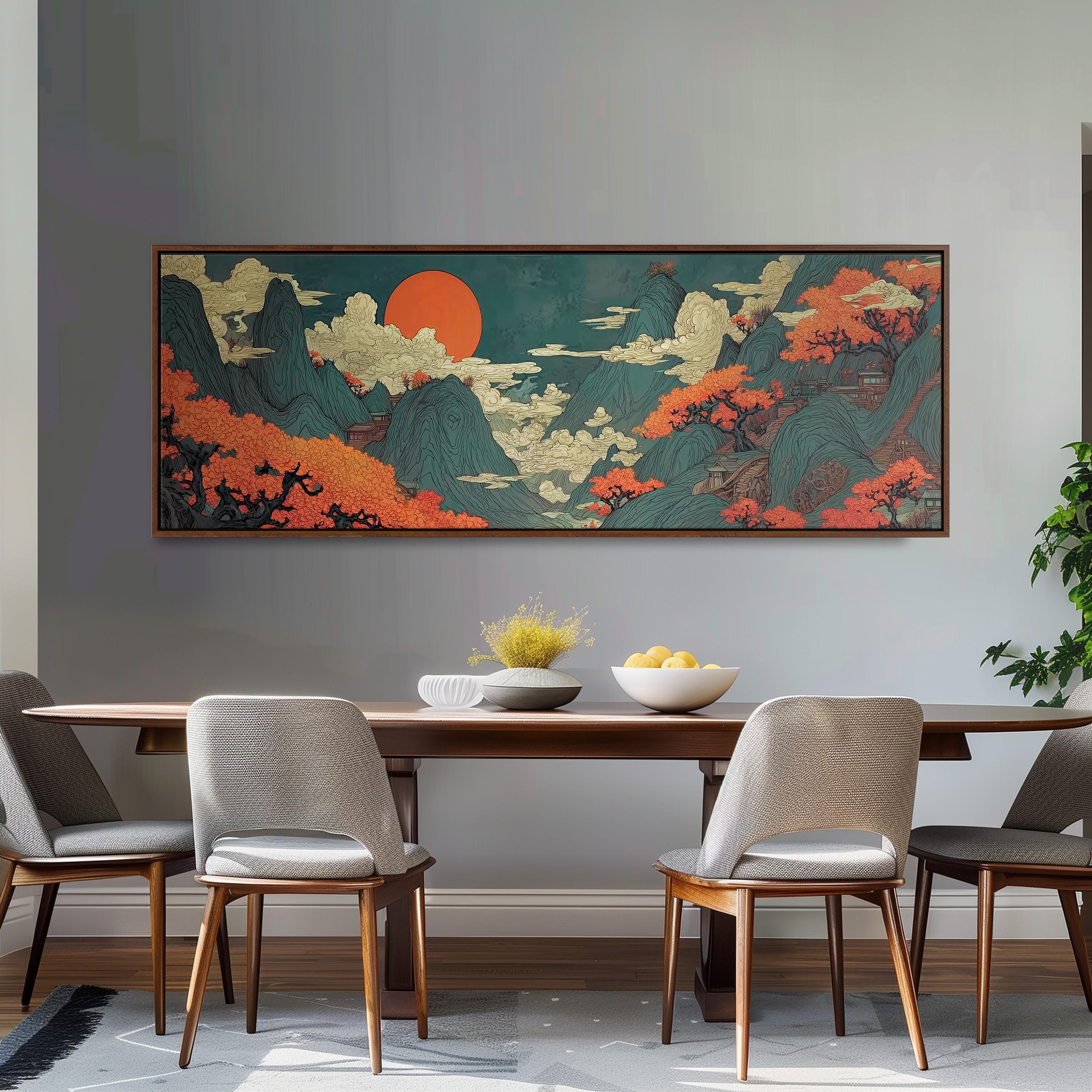 a dining room with a large, colorful painting of a mountainous landscape hanging on the wall above a wooden dining table with four chairs. The table is set with a bowl of fruit and a vase of flowers, creating a cozy and inviting atmosphere.