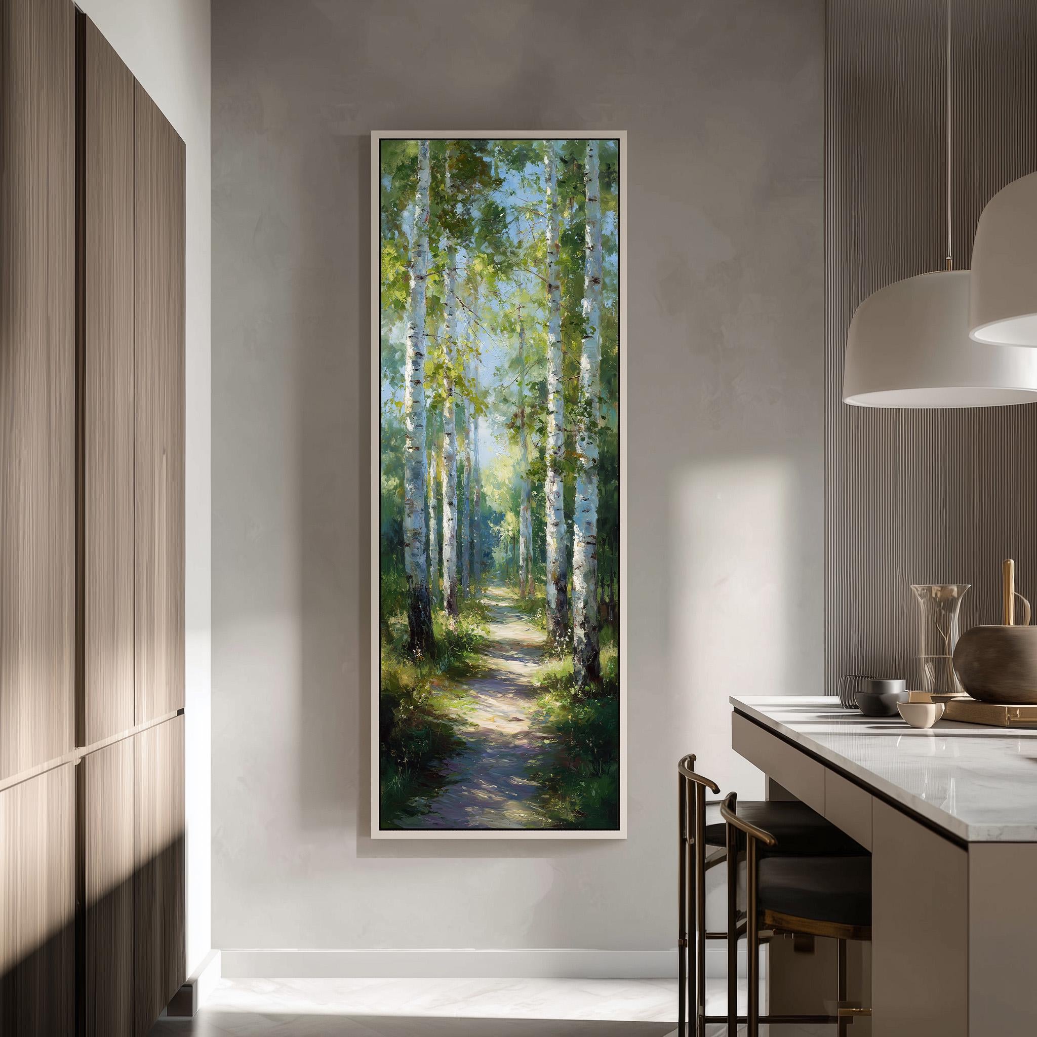 a large painting of a forest path with tall trees on either side, creating a serene and natural atmosphere.