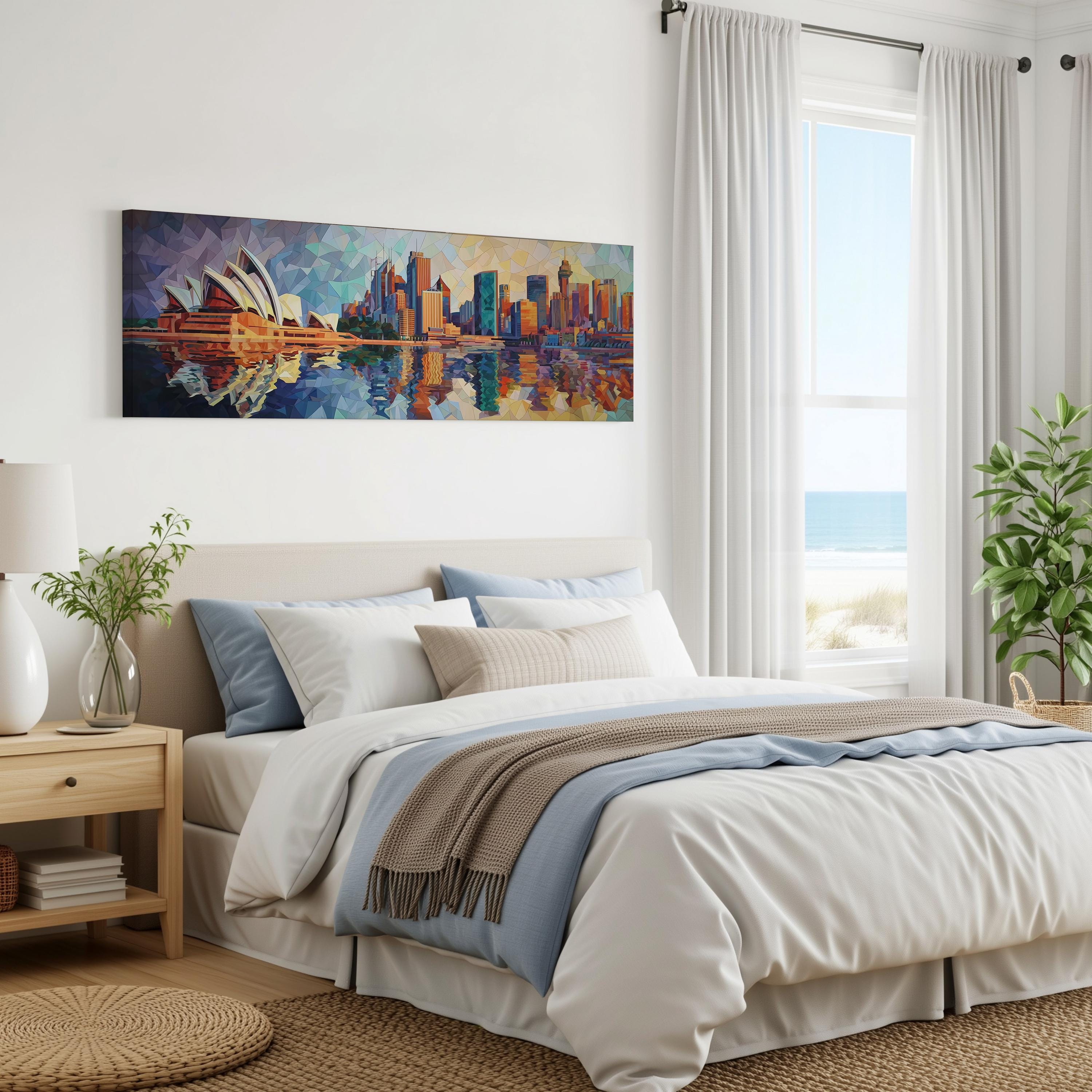 a bedroom with a large bed, a painting of the Sydney Opera House on the wall, and a window overlooking the ocean.