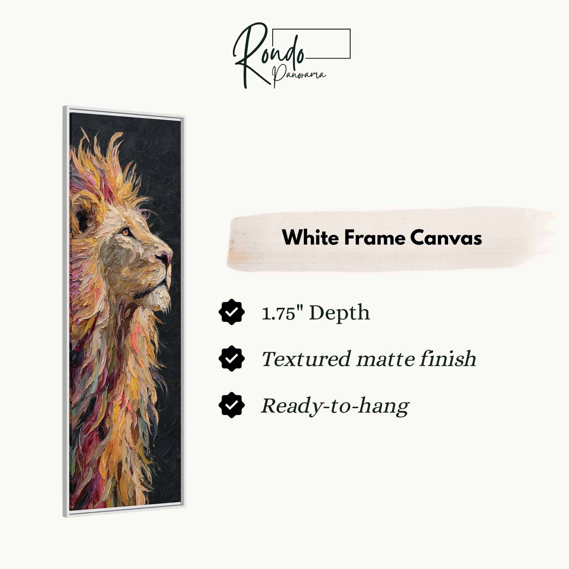The image is a white frame canvas featuring a close-up of a lion's head.