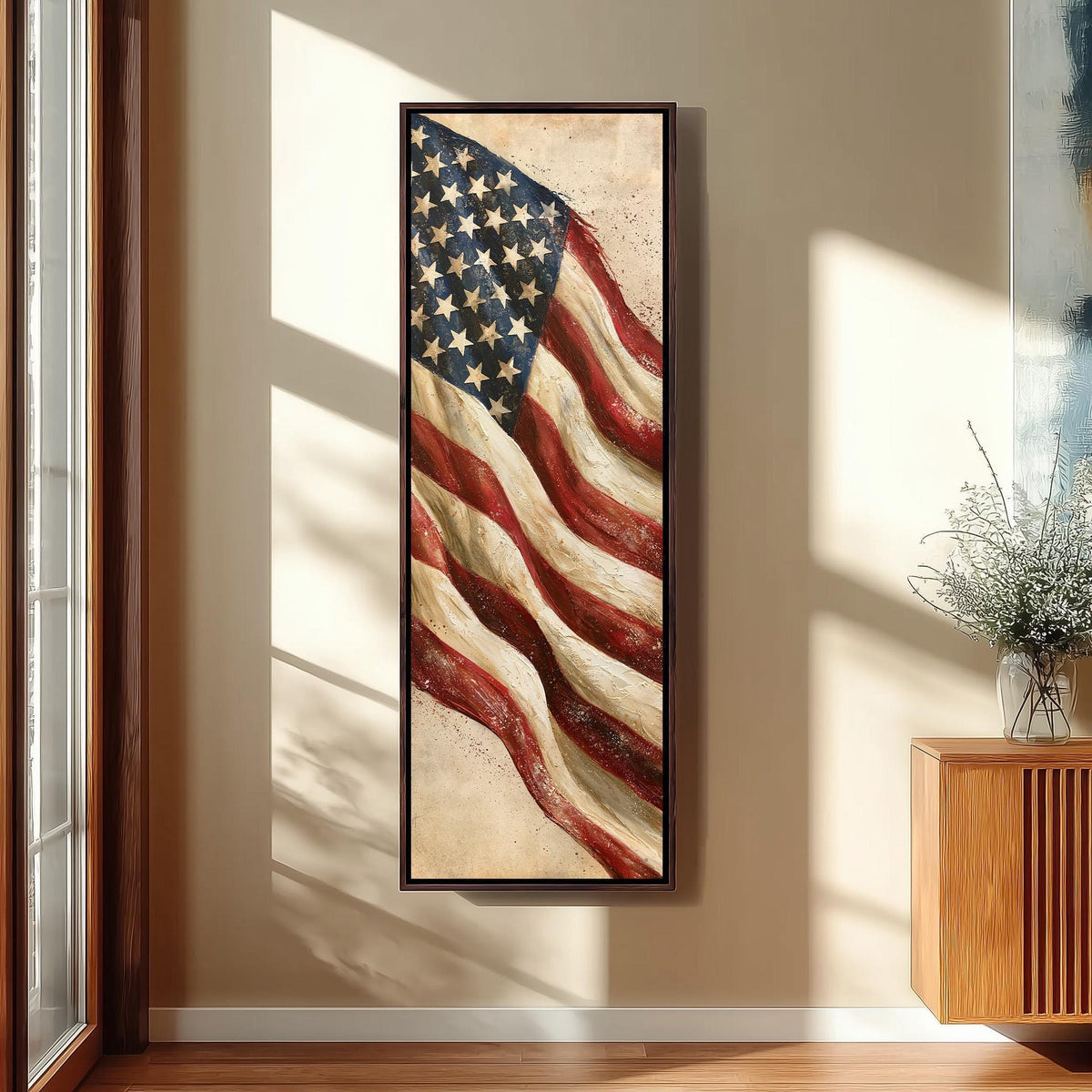 Textured waving American flag tall skinny canvas print in a sunlit living space