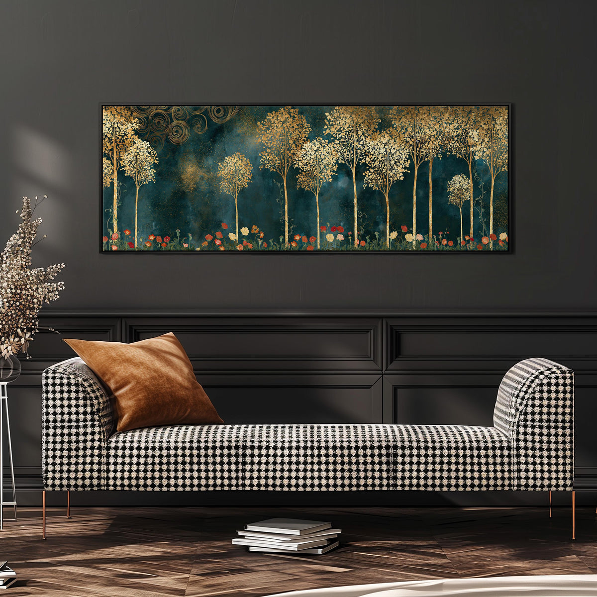 Gold leaf trees above red poppies on teal wide panoramic canvas print above a bench in a dark living room