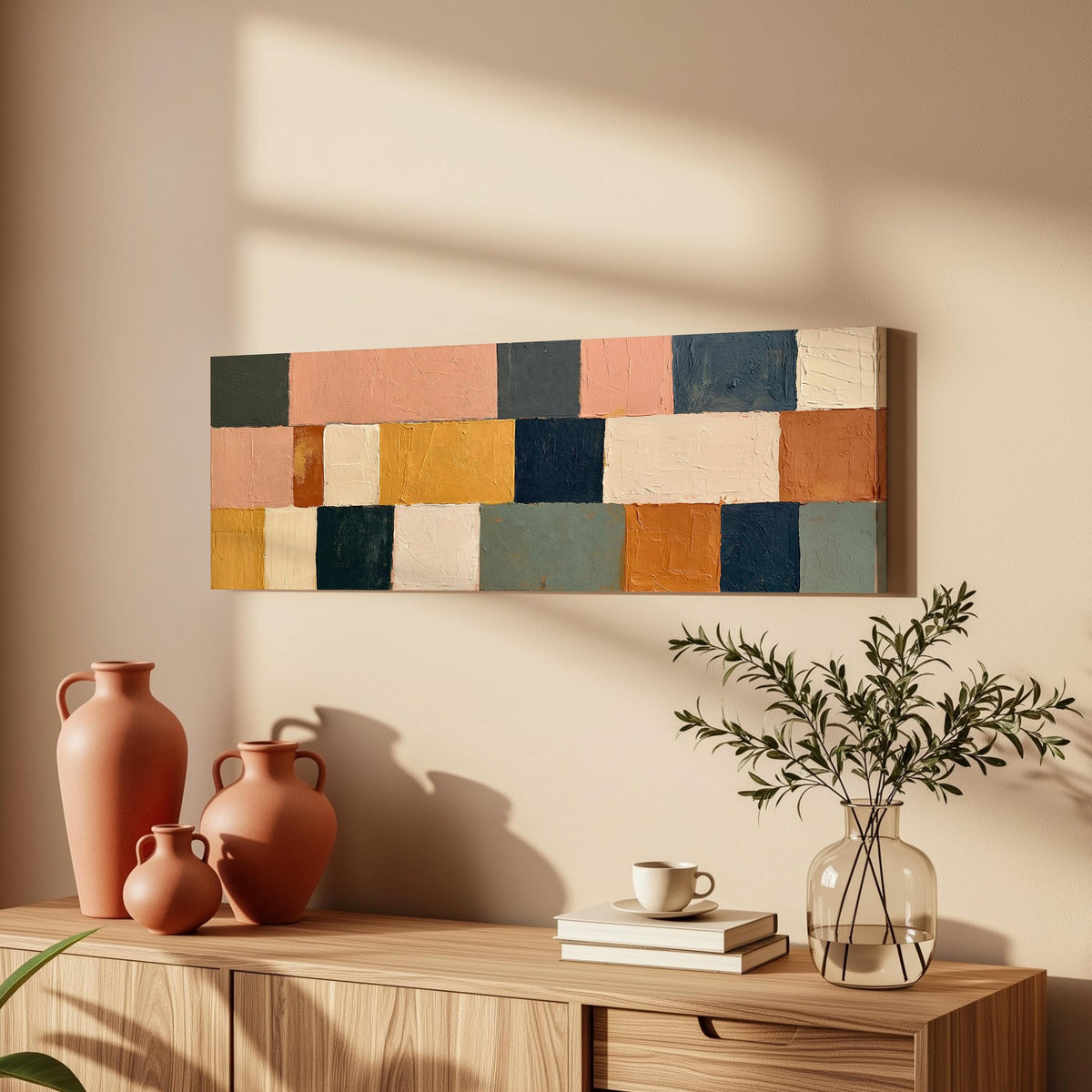 Mustard, sage, blush and navy patchwork long horizontal canvas print above a wooden sideboard