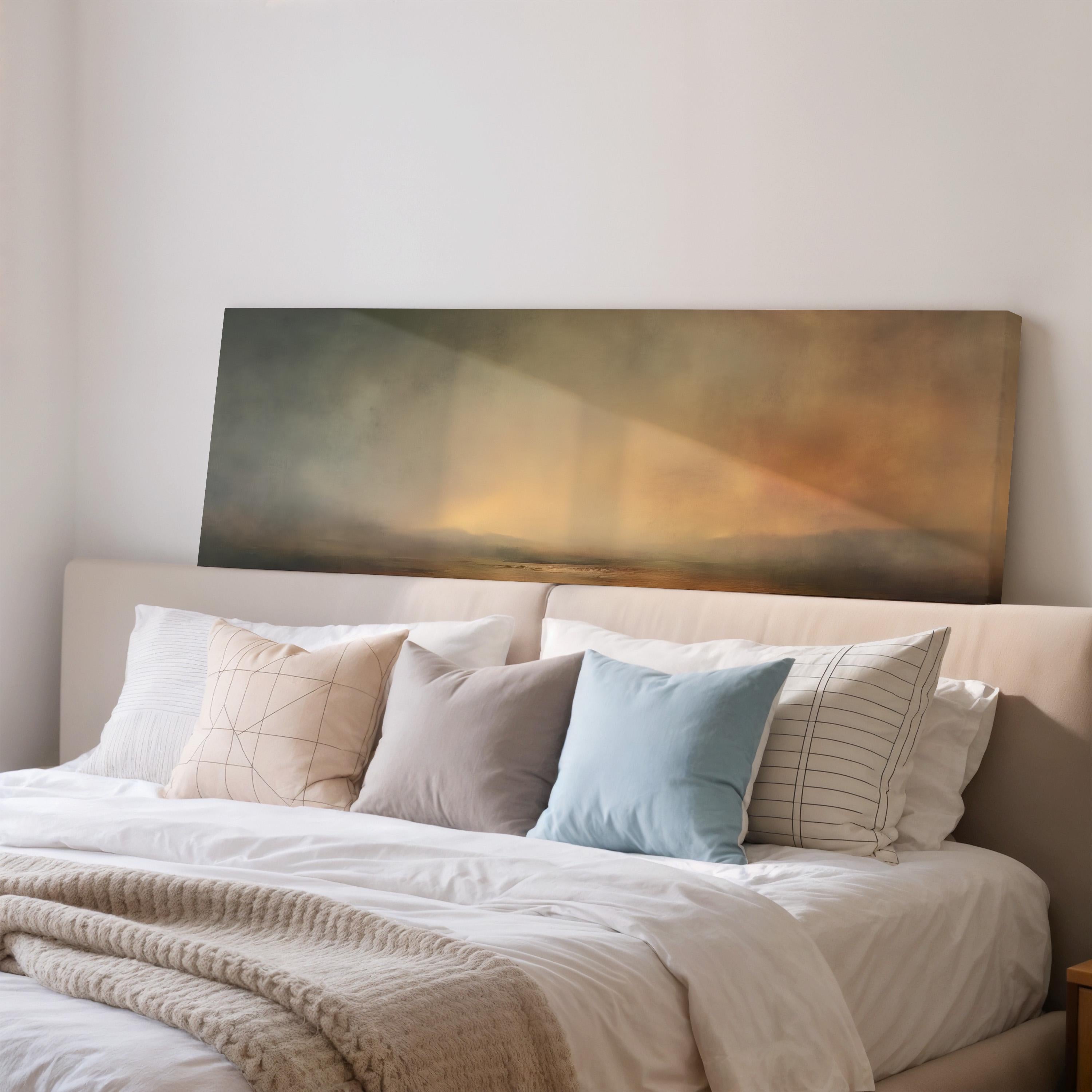 a cozy bedroom with a large bed adorned with white linens and a variety of colorful throw pillows. Above the bed, there is a large canvas print depicting a serene landscape, adding a touch of nature to the room's decor.