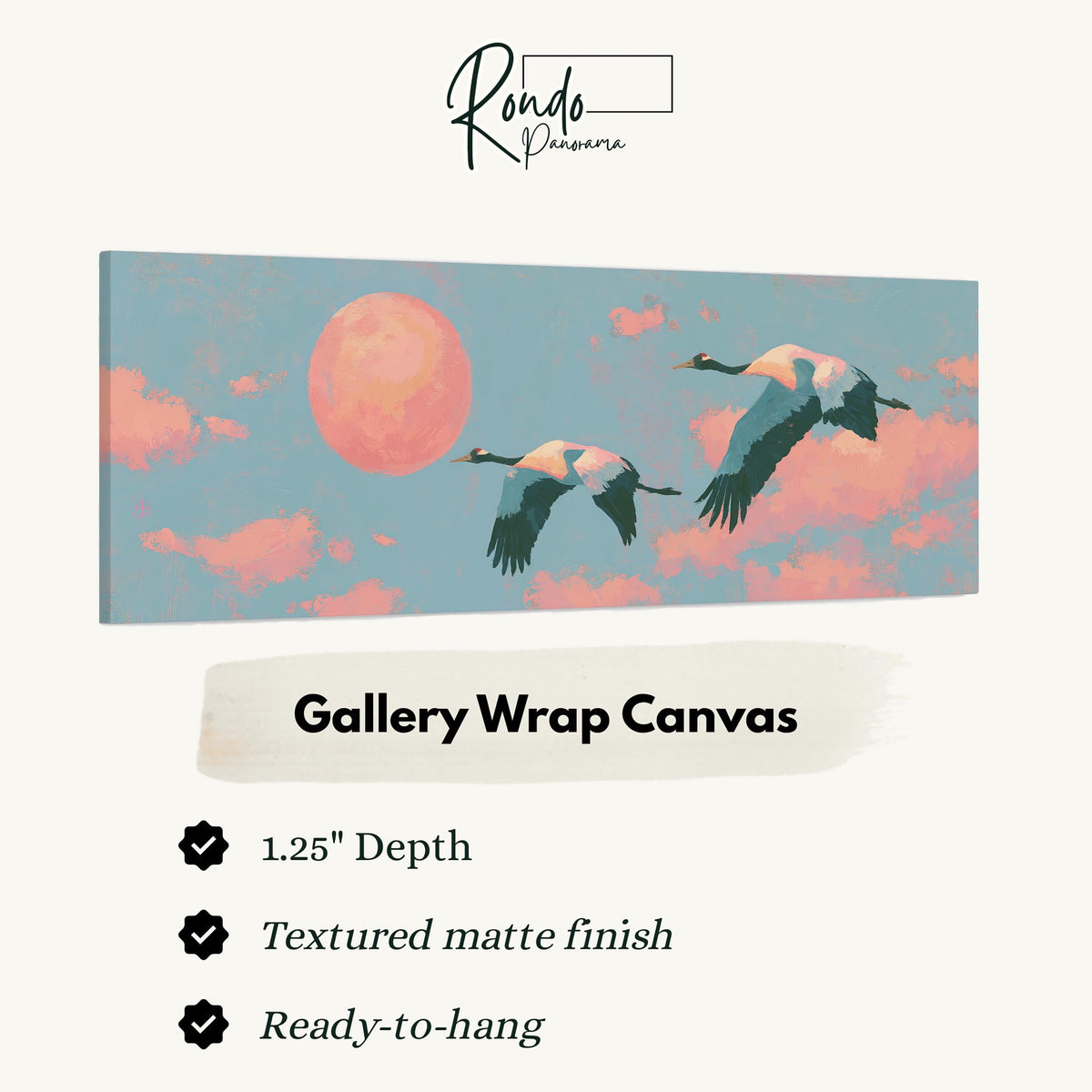 Two cranes flying at sunset gallery wrap canvas with the image wrapped around the edges