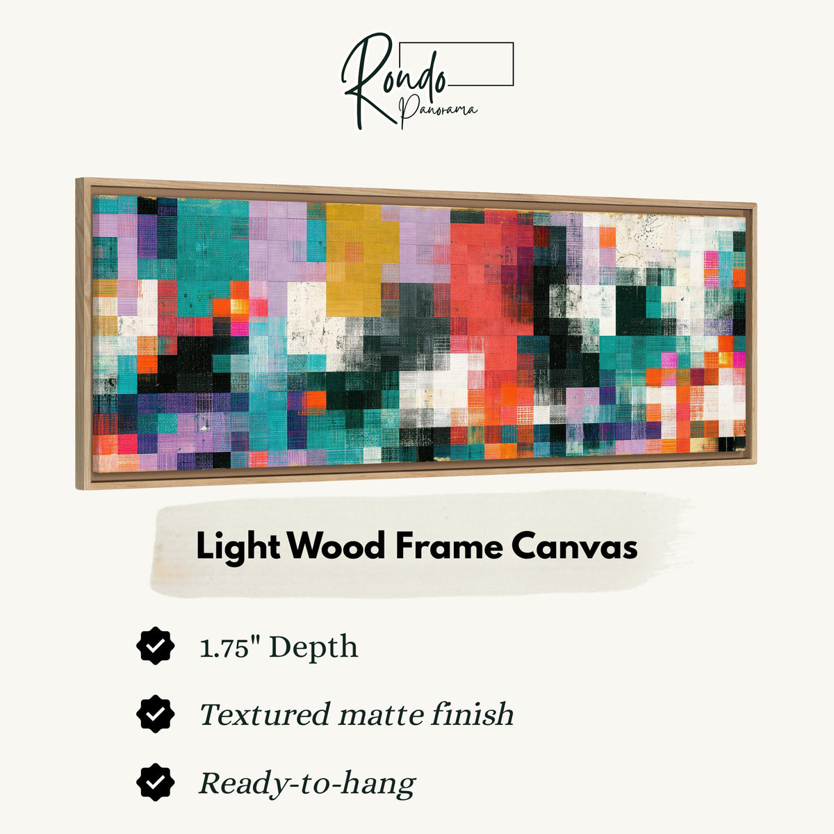 Teal and coral patchwork color blocks canvas print in a light wood floating frame