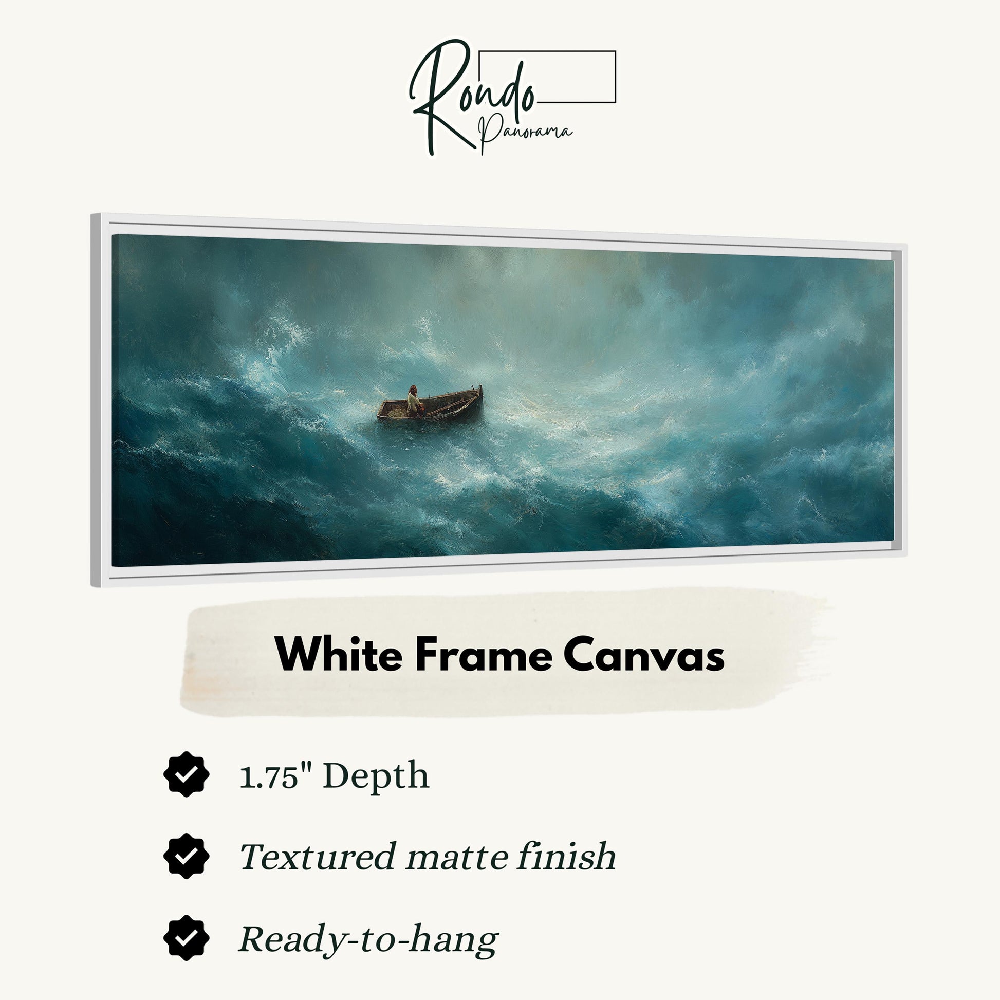 The image is a white frame canvas depicting a boat in rough seas, with a text overlay providing details about the artwork.