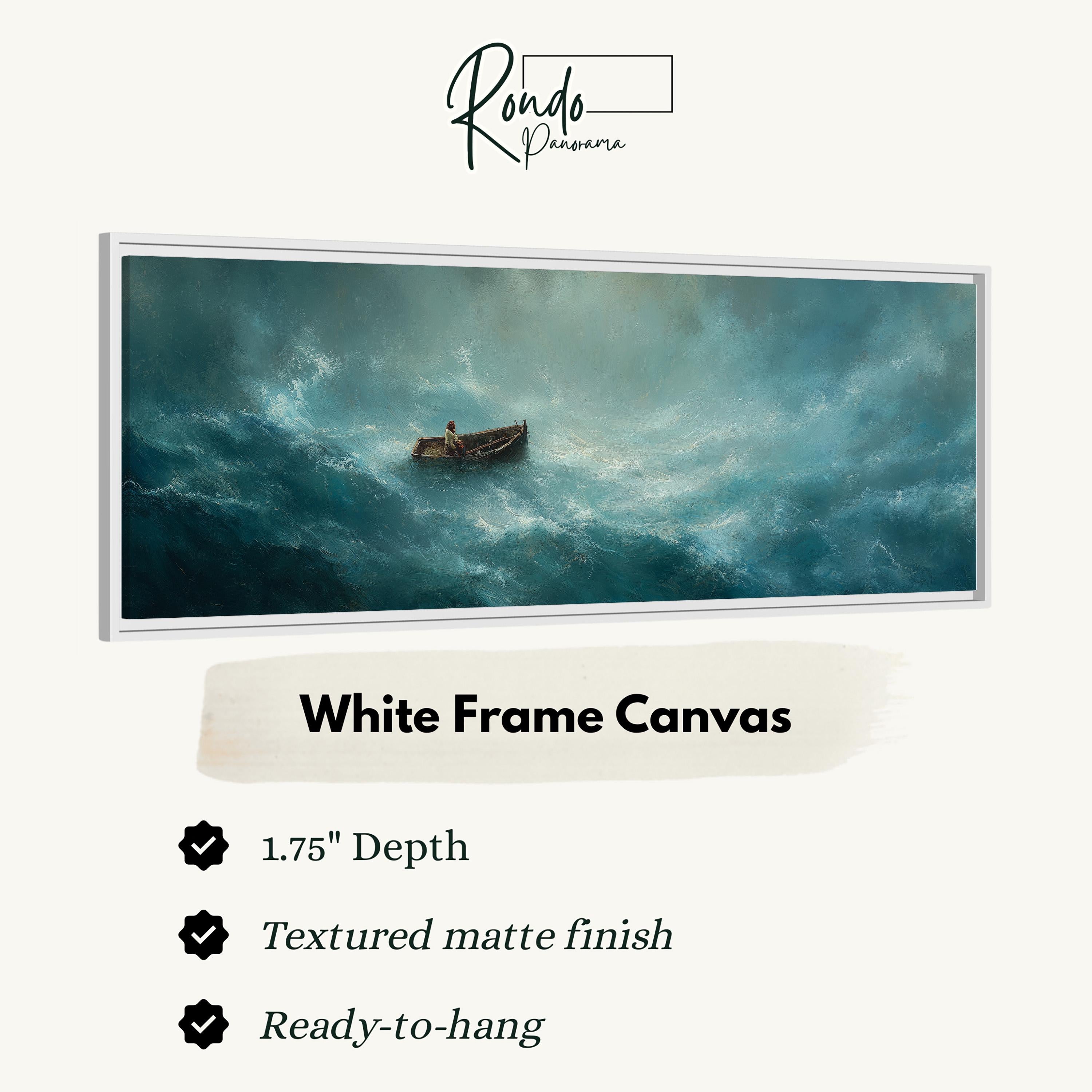 The image is a white frame canvas depicting a boat in rough seas, with a text overlay providing details about the artwork.