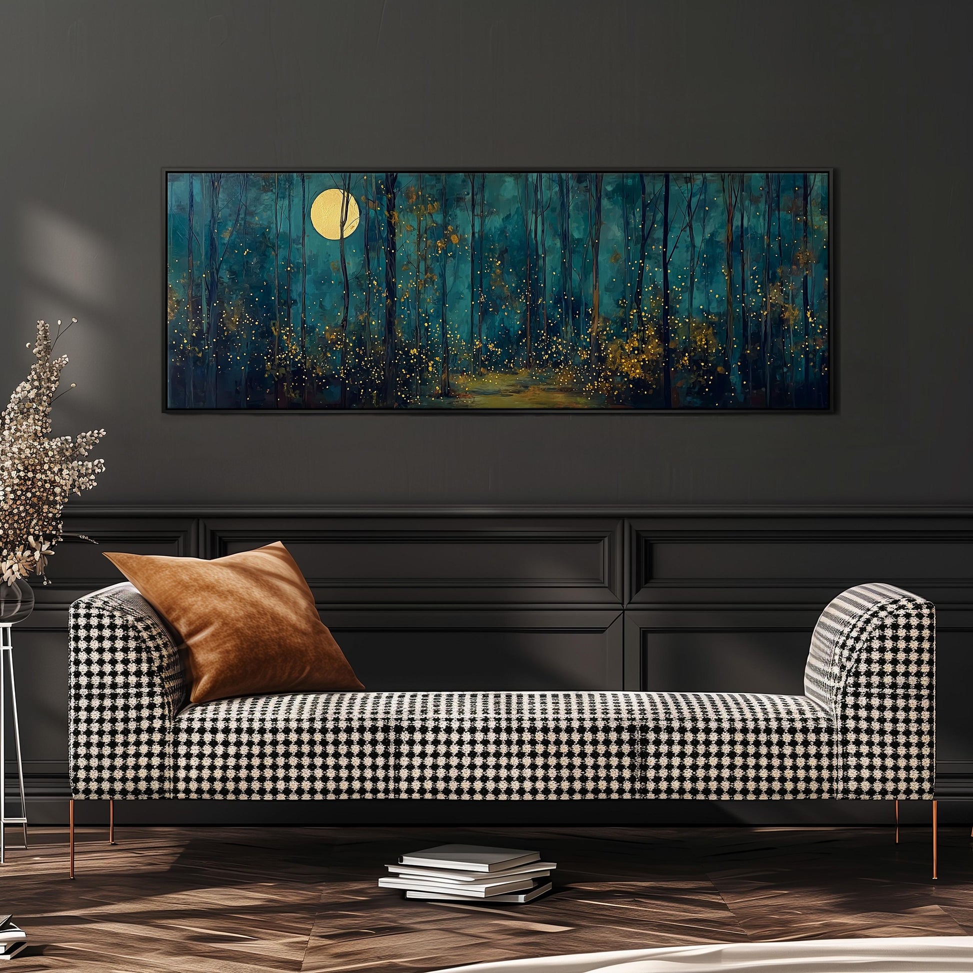 a large, rectangular painting of a forest scene with a full moon in the background, hanging on a wall above a black and white checkered sofa.