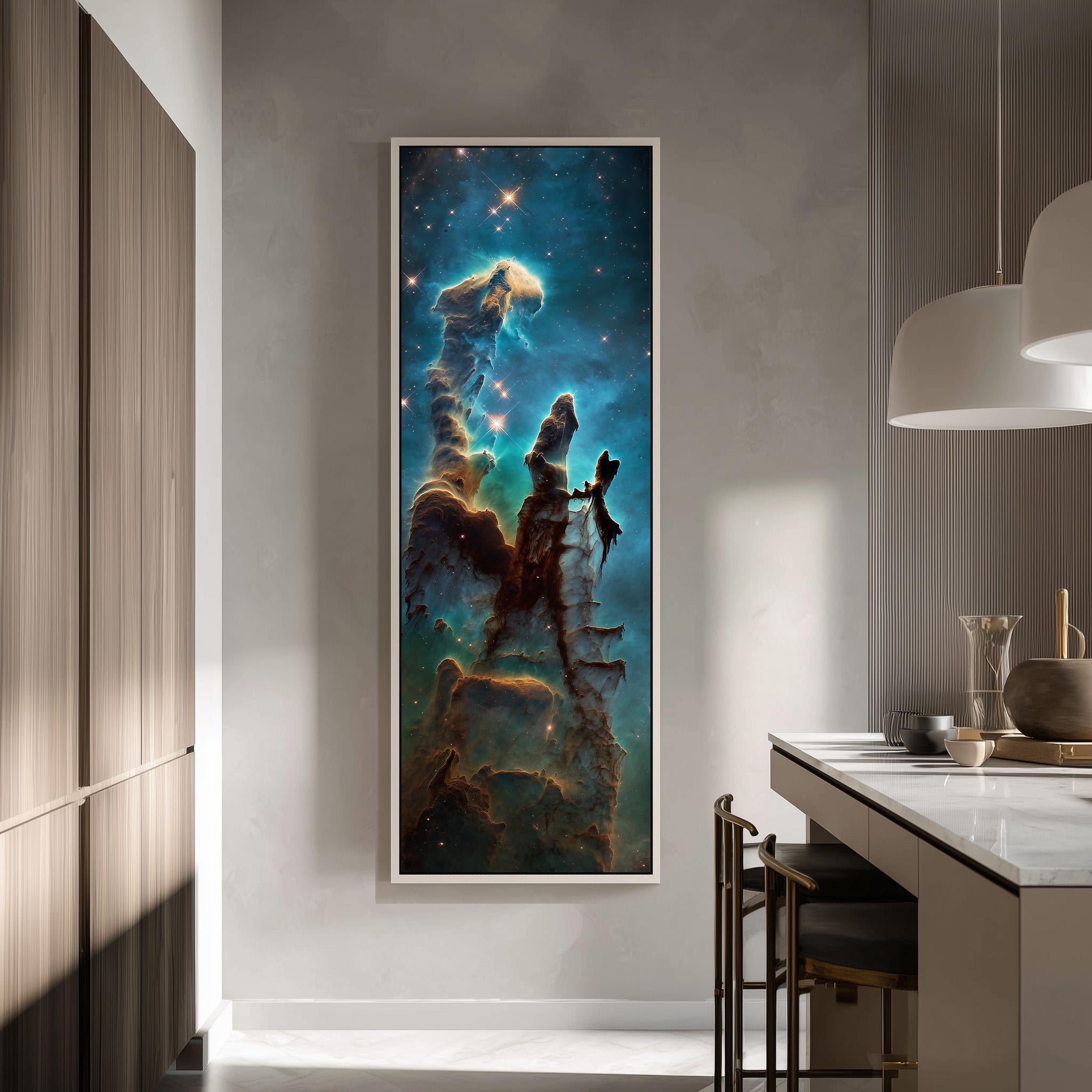 a large, colorful painting of a nebula hanging on a wall in a modern kitchen.