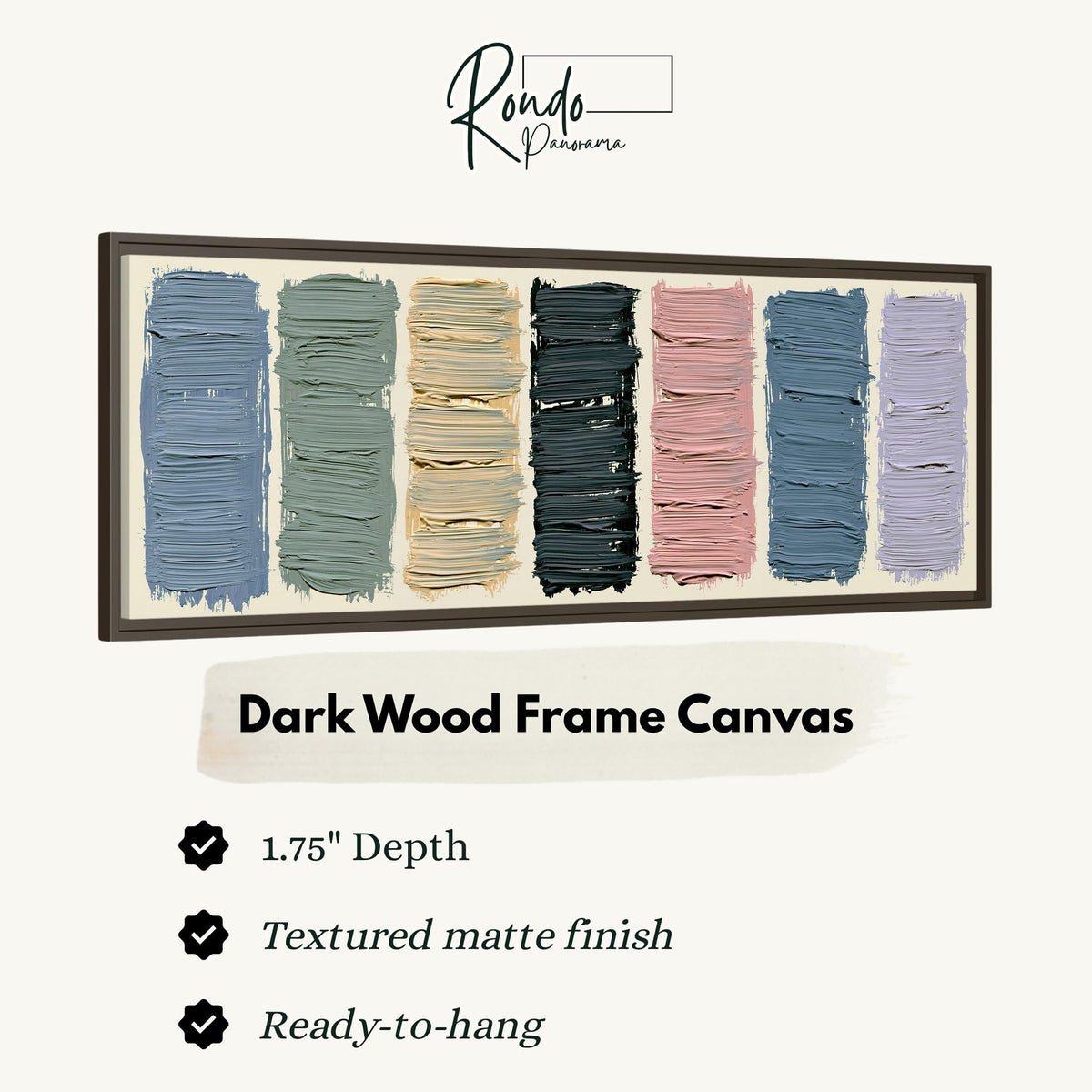 Pastel brushstroke color swatches canvas print in a dark wood floating frame