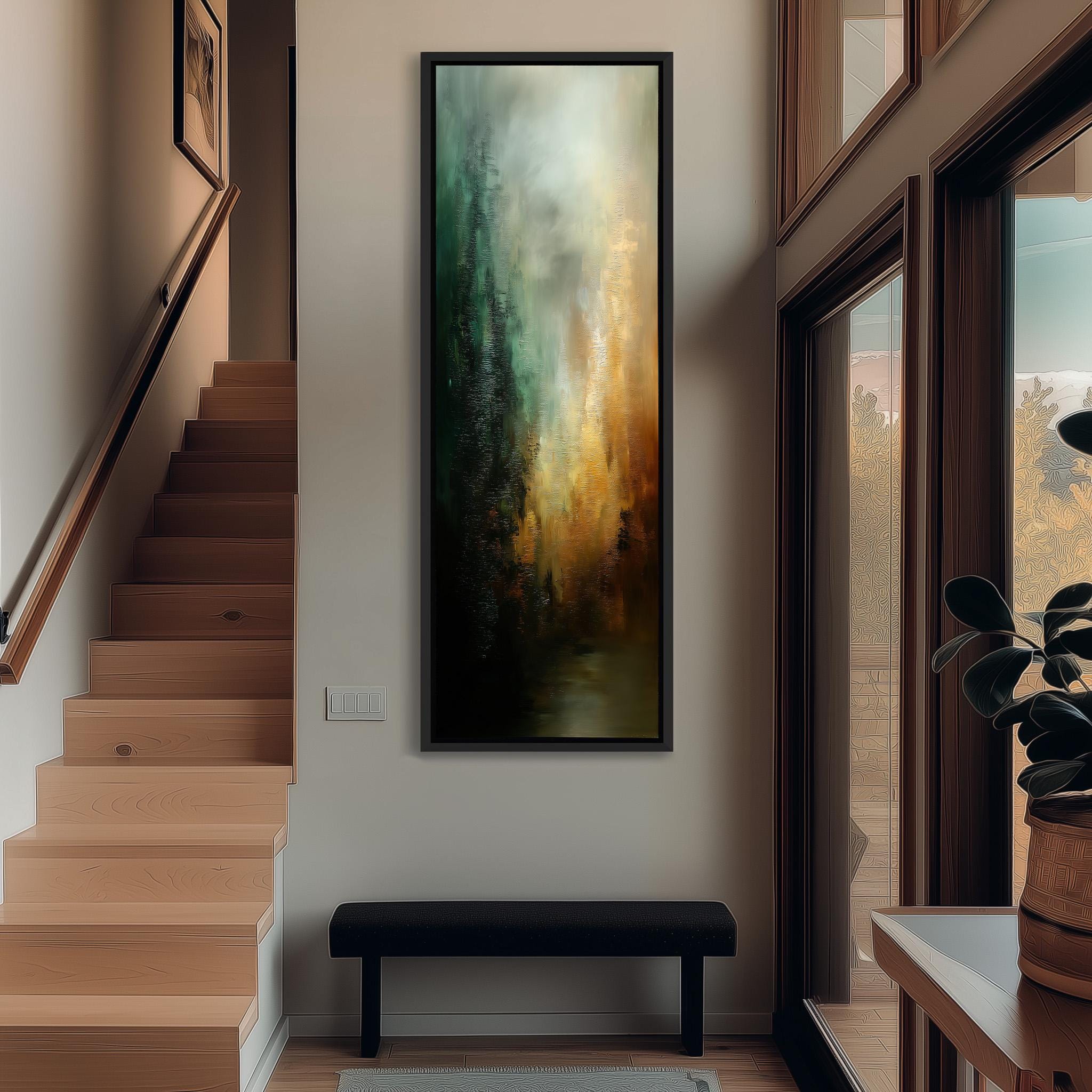 a modern interior design with a large abstract painting hanging on the wall above a black bench. The painting has a mix of green, orange, and brown colors, creating a vibrant and dynamic visual effect. The room also includes a wooden staircase, a potted plant, and a large window that allows natural light to enter the space.