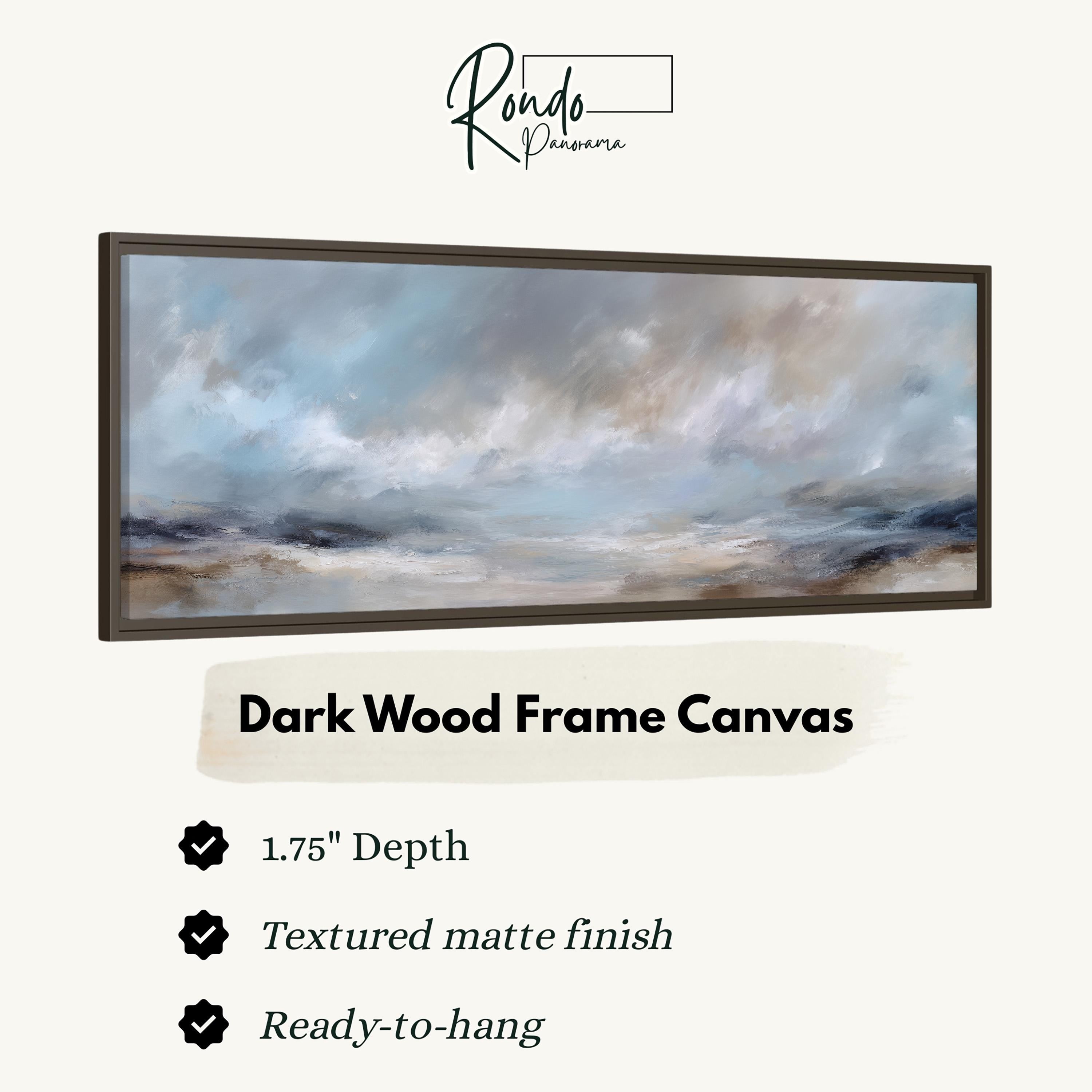The image is a dark wood frame canvas with a textured matte finish, measuring 1.75" in depth. It is ready to hang and has a textured matte finish.