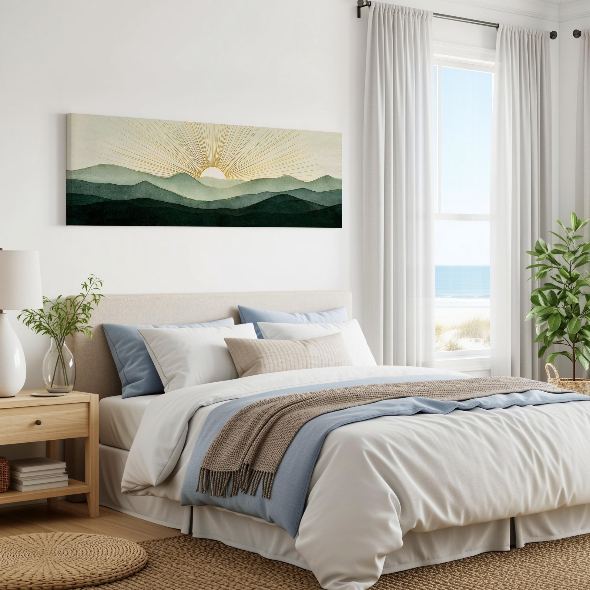 a serene bedroom with a large bed, a nightstand, and a painting of a sunrise over mountains on the wall.