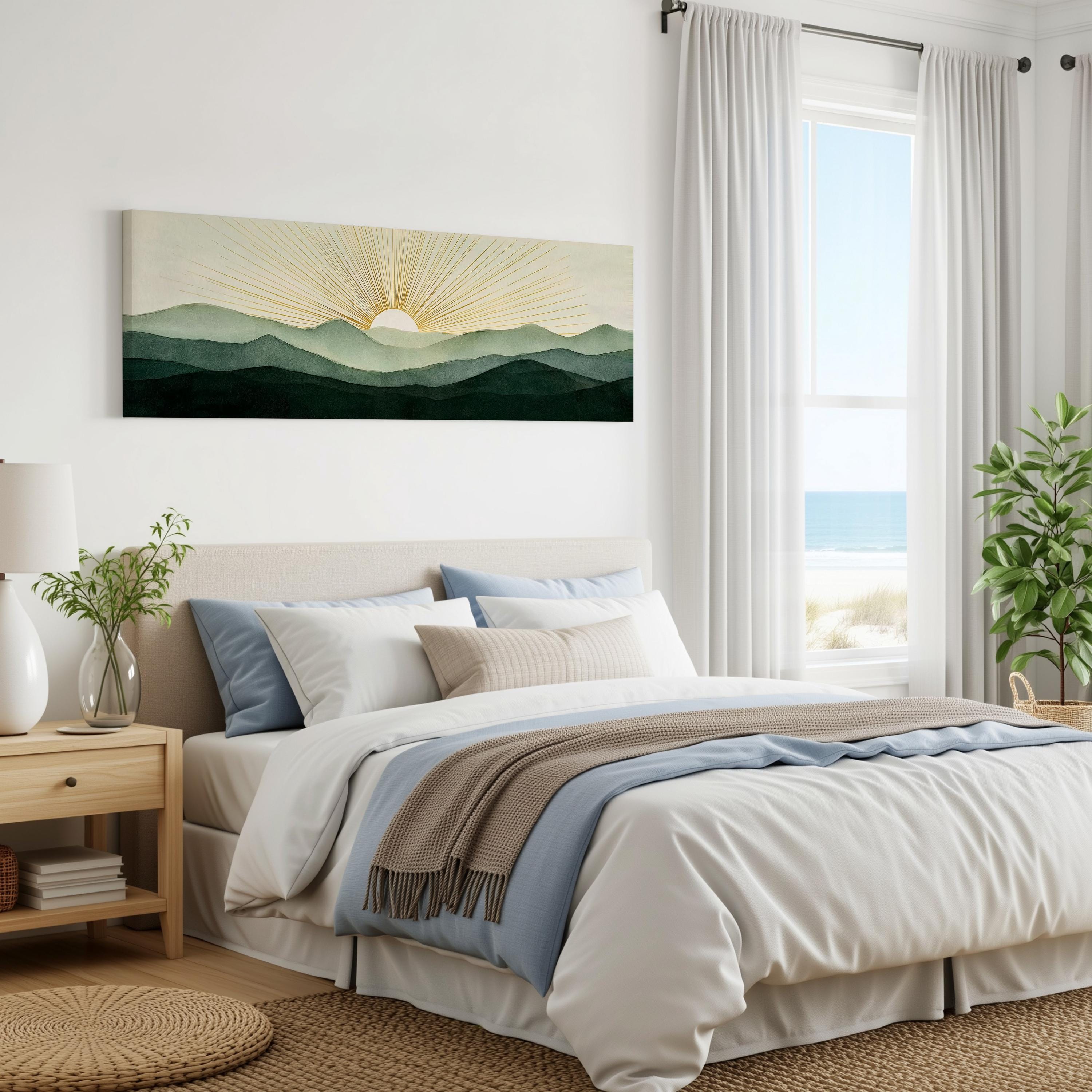 a serene bedroom with a large bed, a nightstand, and a painting of a sunrise over mountains on the wall.