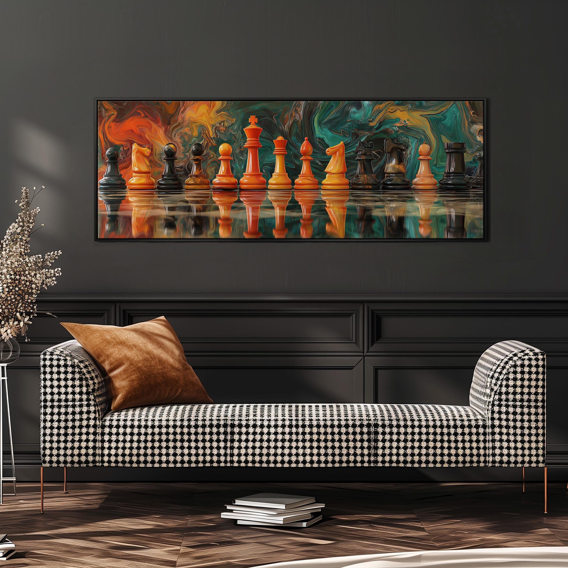 a checkered sofa with a large painting of chess pieces above it, creating a visually striking and artistic display.