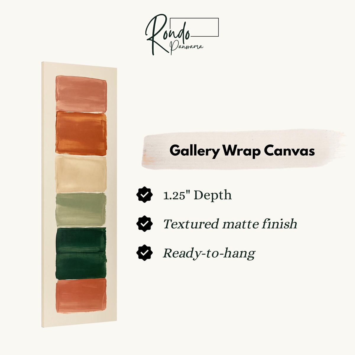 Stack of terracotta, cream and sage swatches gallery wrap canvas with the image wrapped around the edges