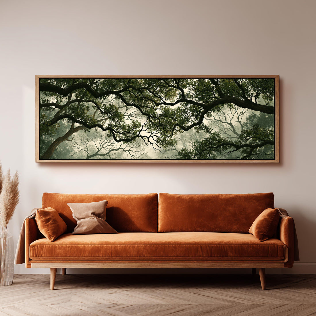 Misty forest canopy long horizontal canvas print above a sofa in a living room
