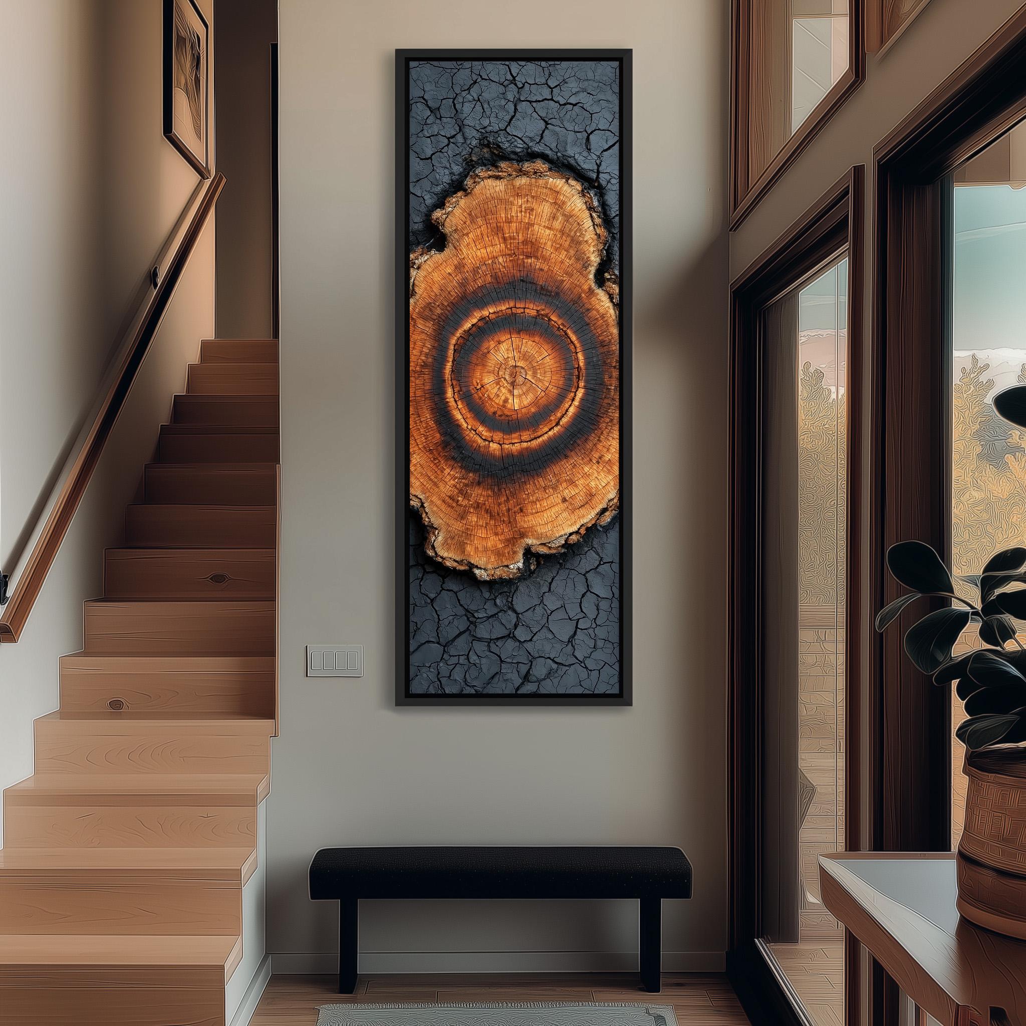 a hallway with a large, striking piece of artwork hanging on the wall, depicting a tree trunk with a circular pattern. The hallway has wooden stairs leading up to the artwork, and there is a bench in the foreground. The overall color scheme of the image is neutral, with a focus on the vibrant colors and textures of the artwork.