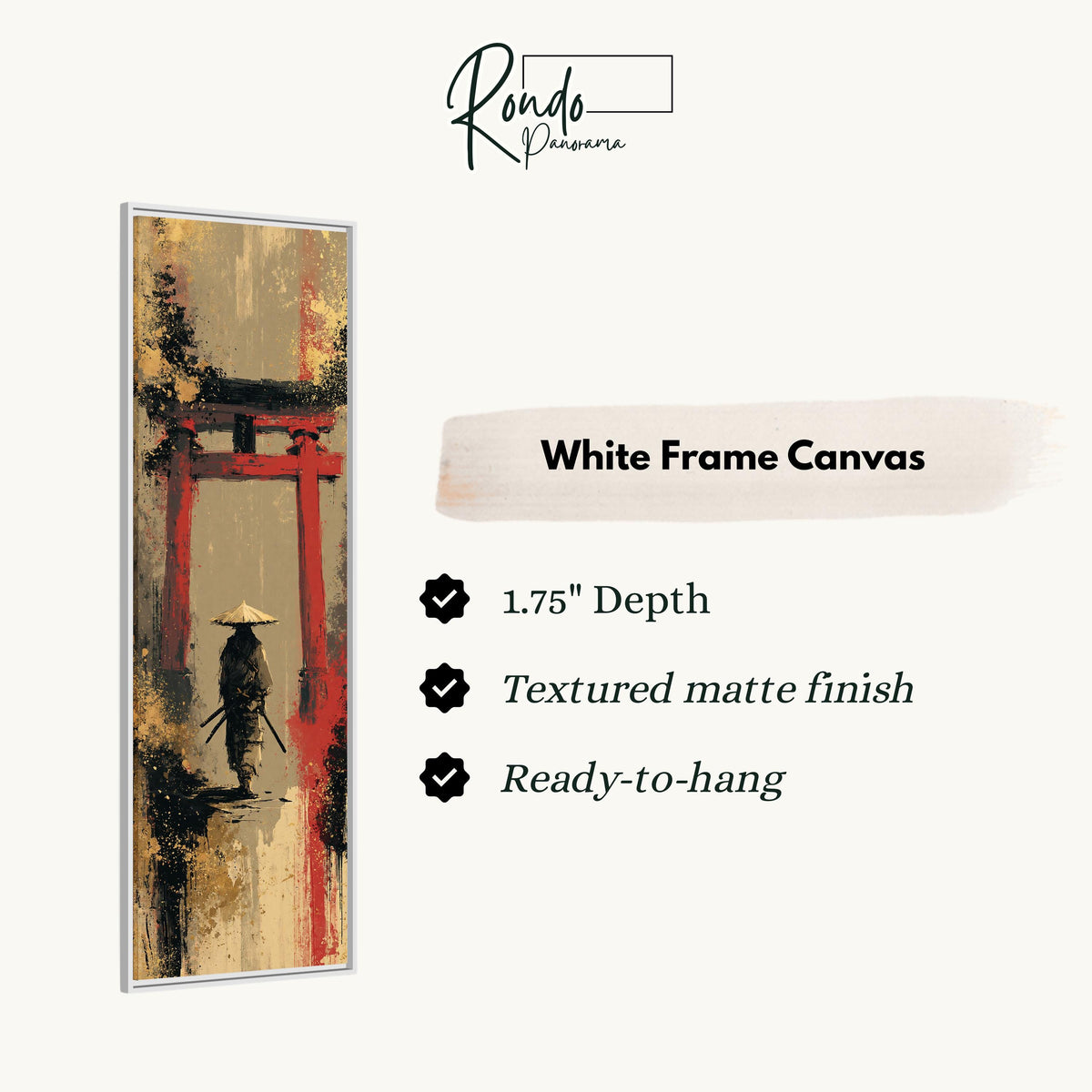 Samurai walking under a red torii gate canvas print in a white floating frame