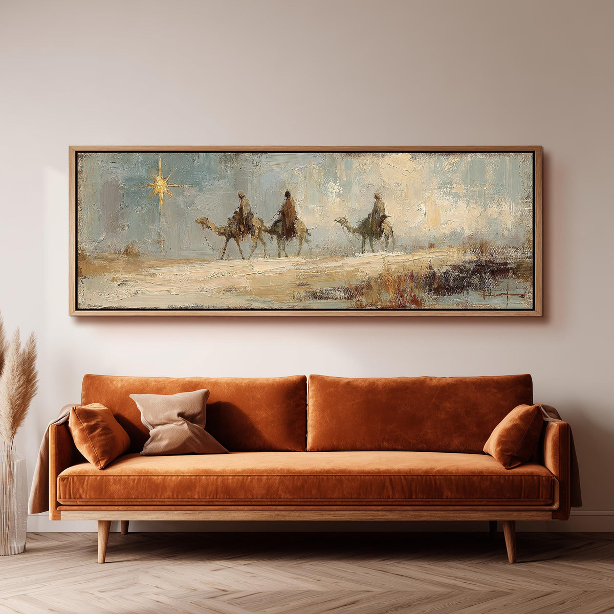 Wise men on camels following the star panoramic canvas print above a sofa in a living room