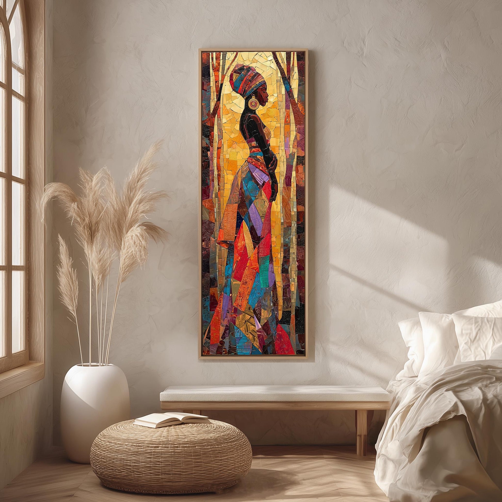 a vibrant, colorful mosaic artwork depicting a woman in a traditional African dress, hanging on a wall in a room with a wooden floor and a white bed.